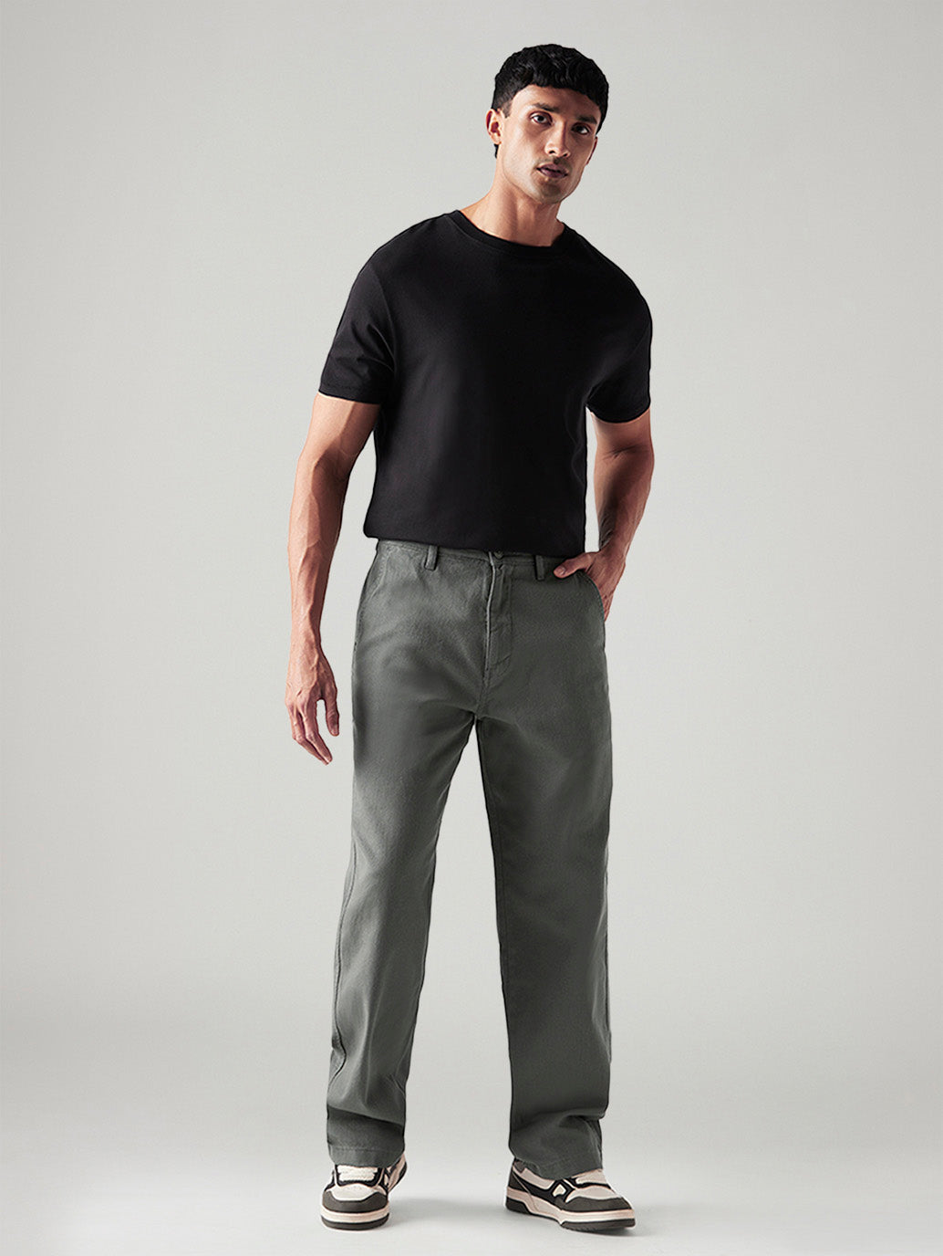 Men's Grey Loose Fit Mid Rise Chinos - Front View