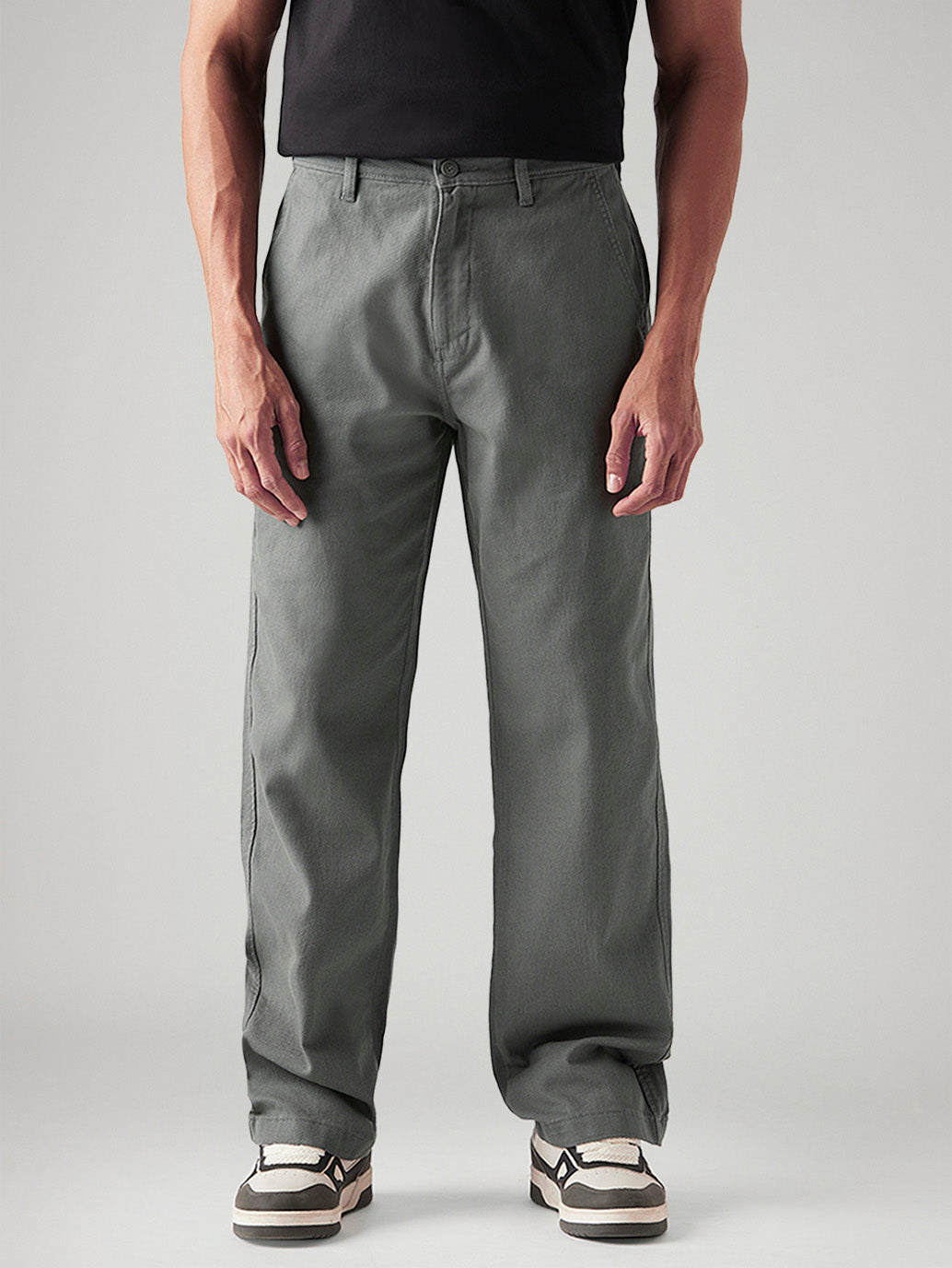 Men's Grey Loose Fit Mid Rise Chinos - Front View