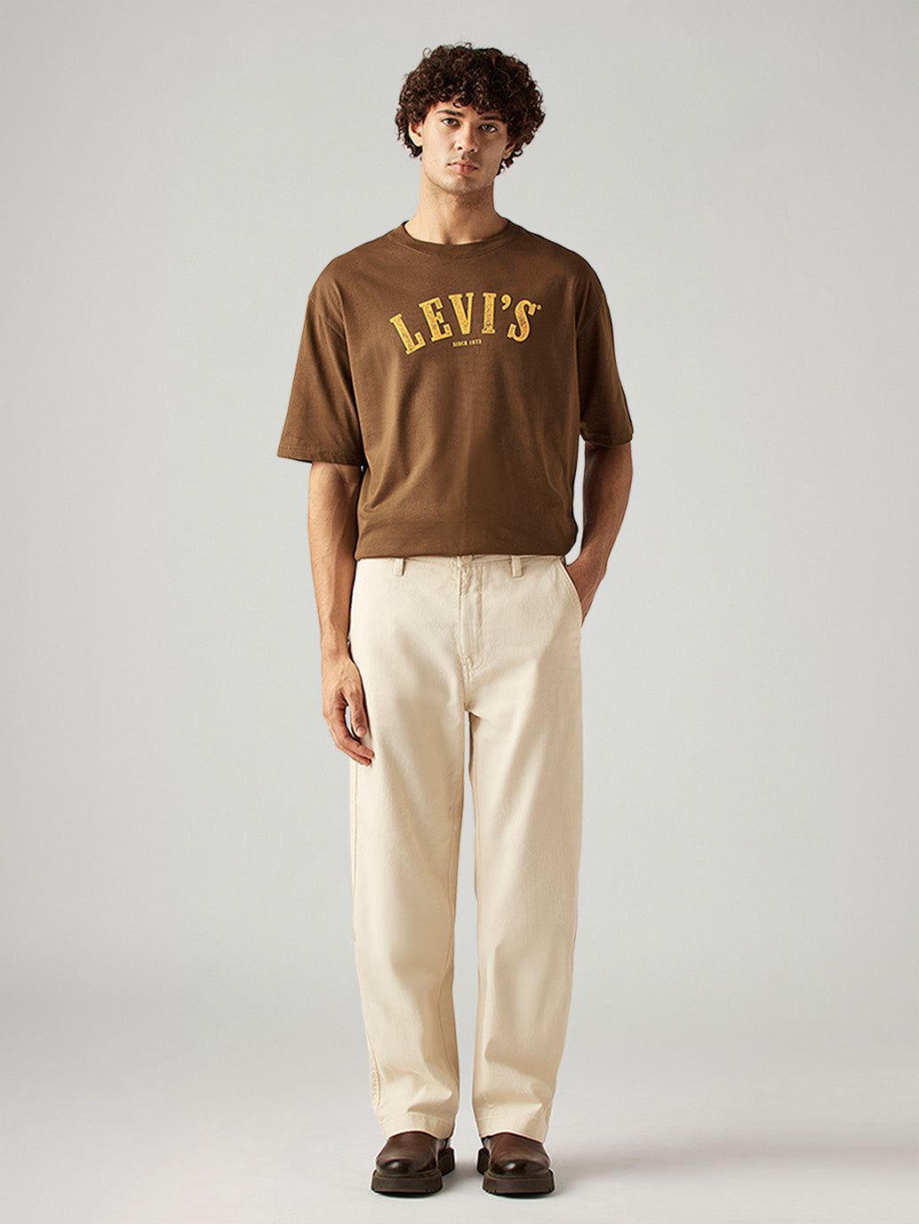 Men's Cream Loose Fit Mid Rise Chinos - Front View