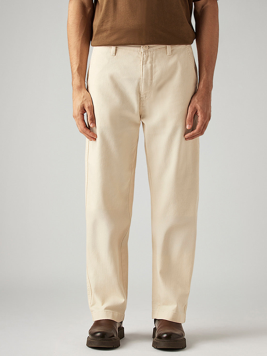 Men's Cream Loose Fit Mid Rise Chinos - Front View