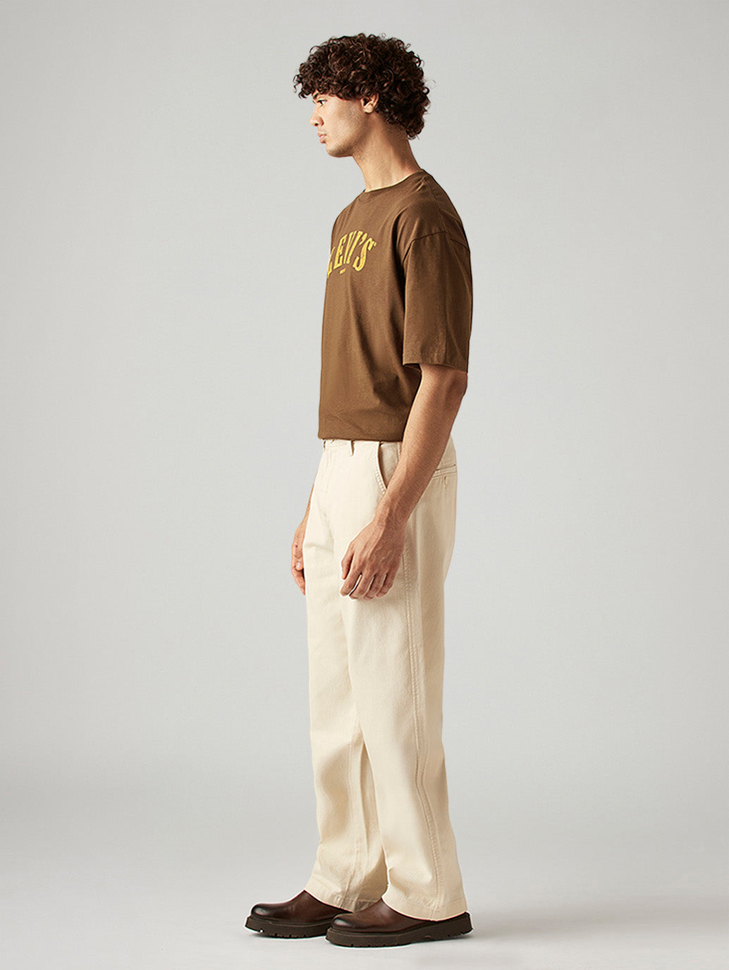 Men's Cream Loose Fit Mid Rise Chinos - Side View