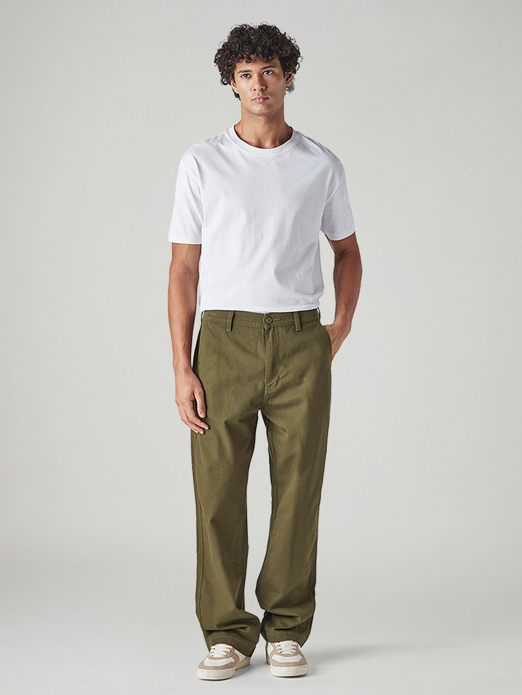Men's Olive Loose Fit Mid Rise Chinos - Front View