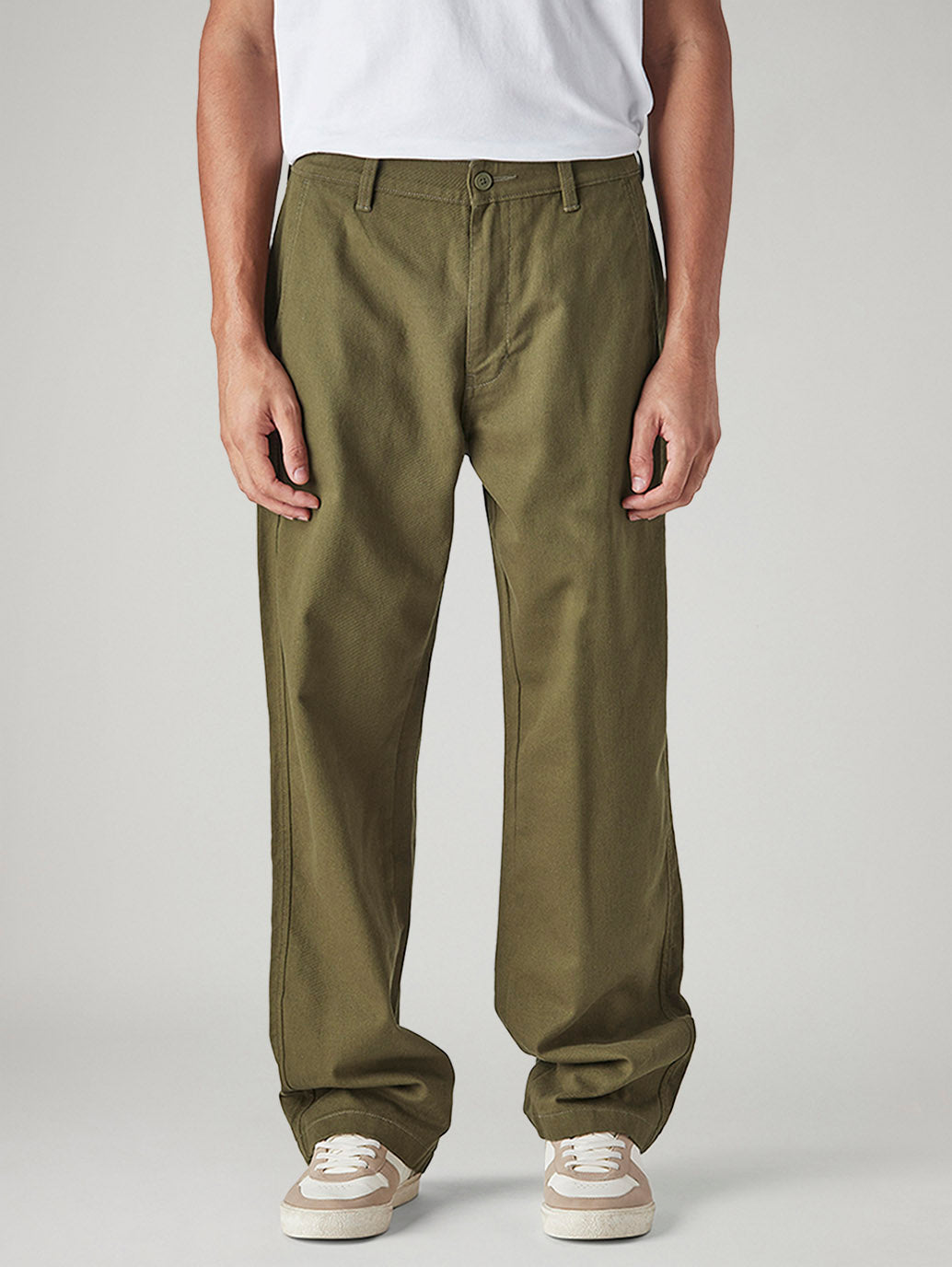 Men's Olive Loose Fit Mid Rise Chinos - Front View