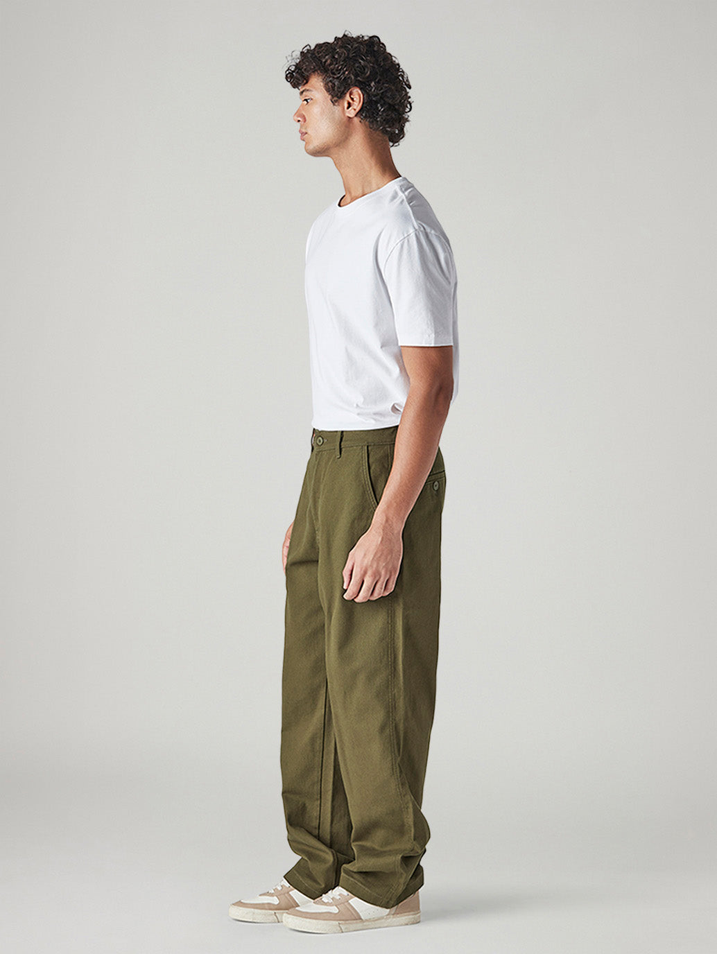 Men's Olive Loose Fit Mid Rise Chinos - Side View