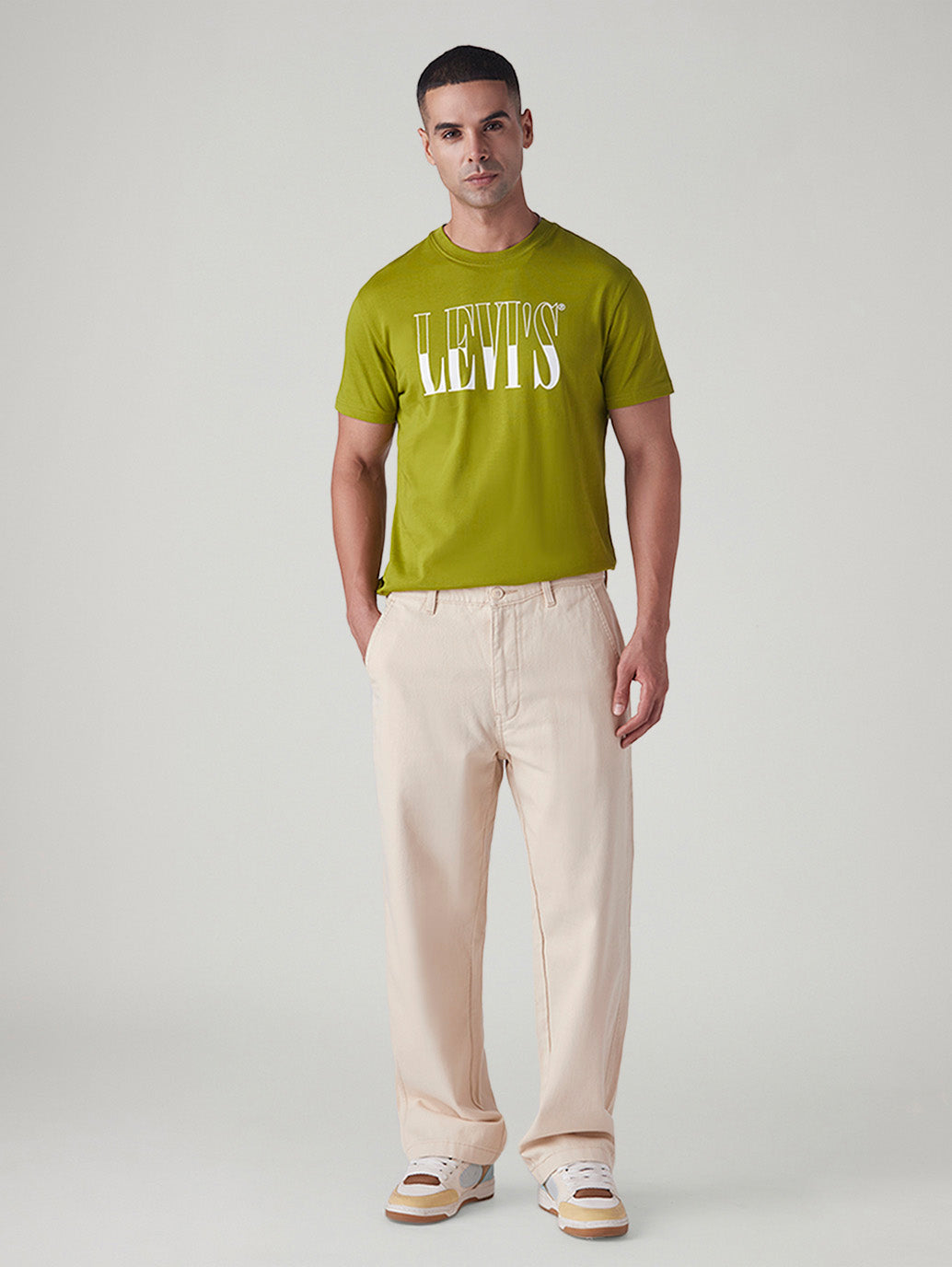 Men's Off White Loose Fit Mid Rise Chinos - Front View