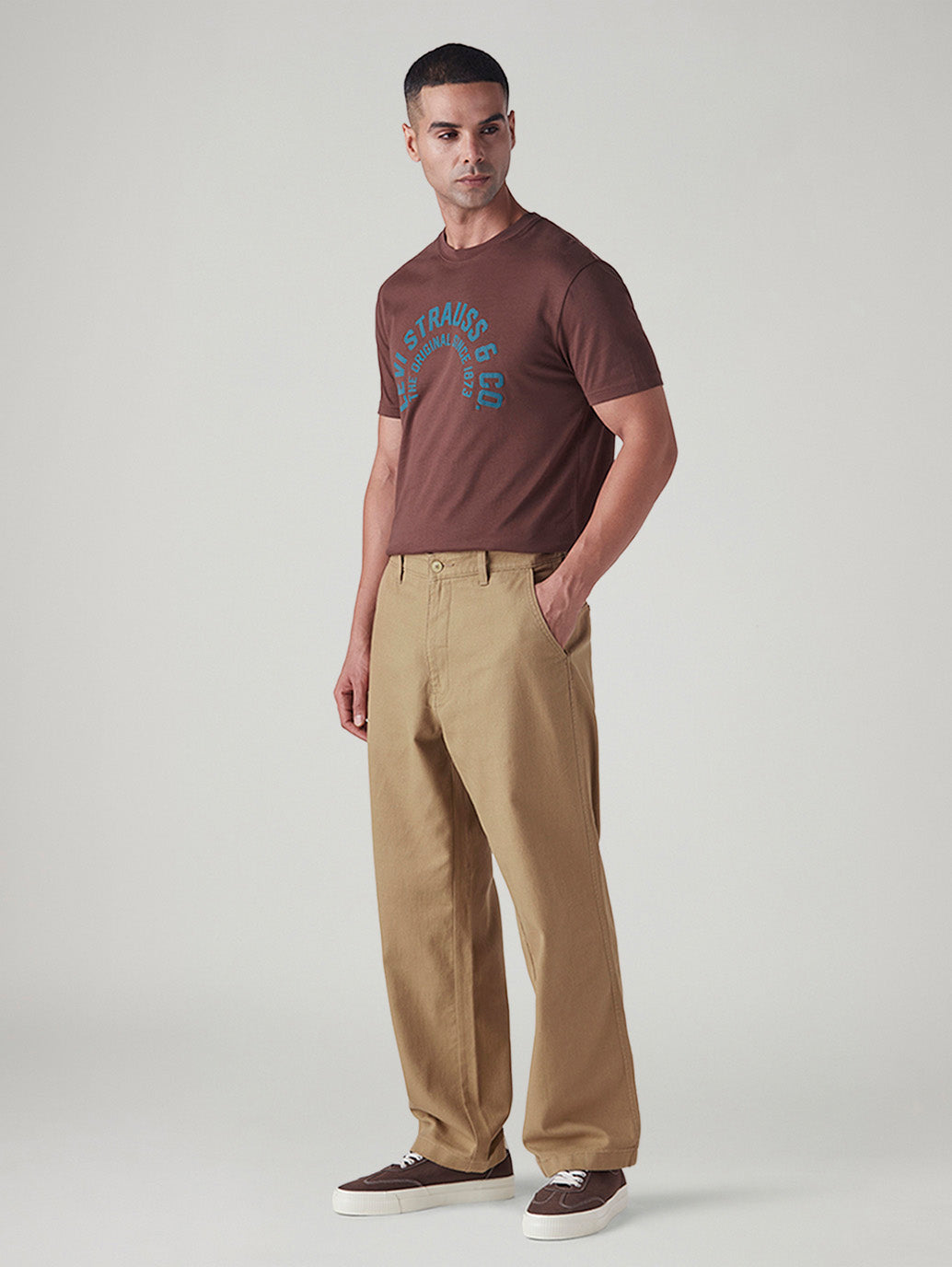 Men's Khaki Loose Fit Mid Rise Chinos - Side View