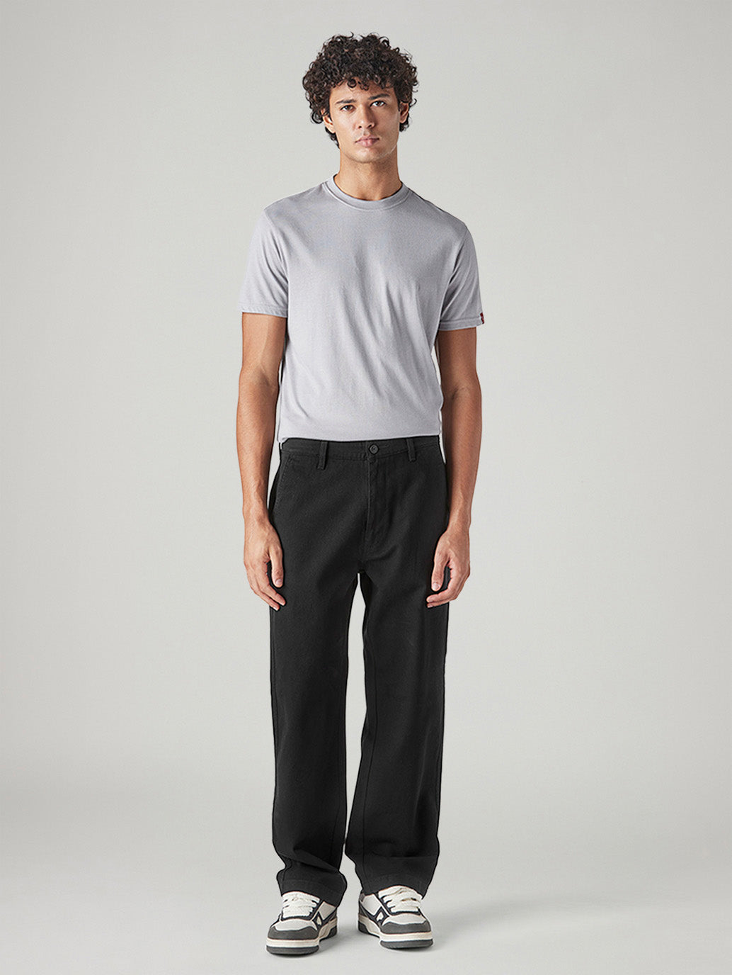Men's Black Loose Fit Mid Rise Chinos - Front View