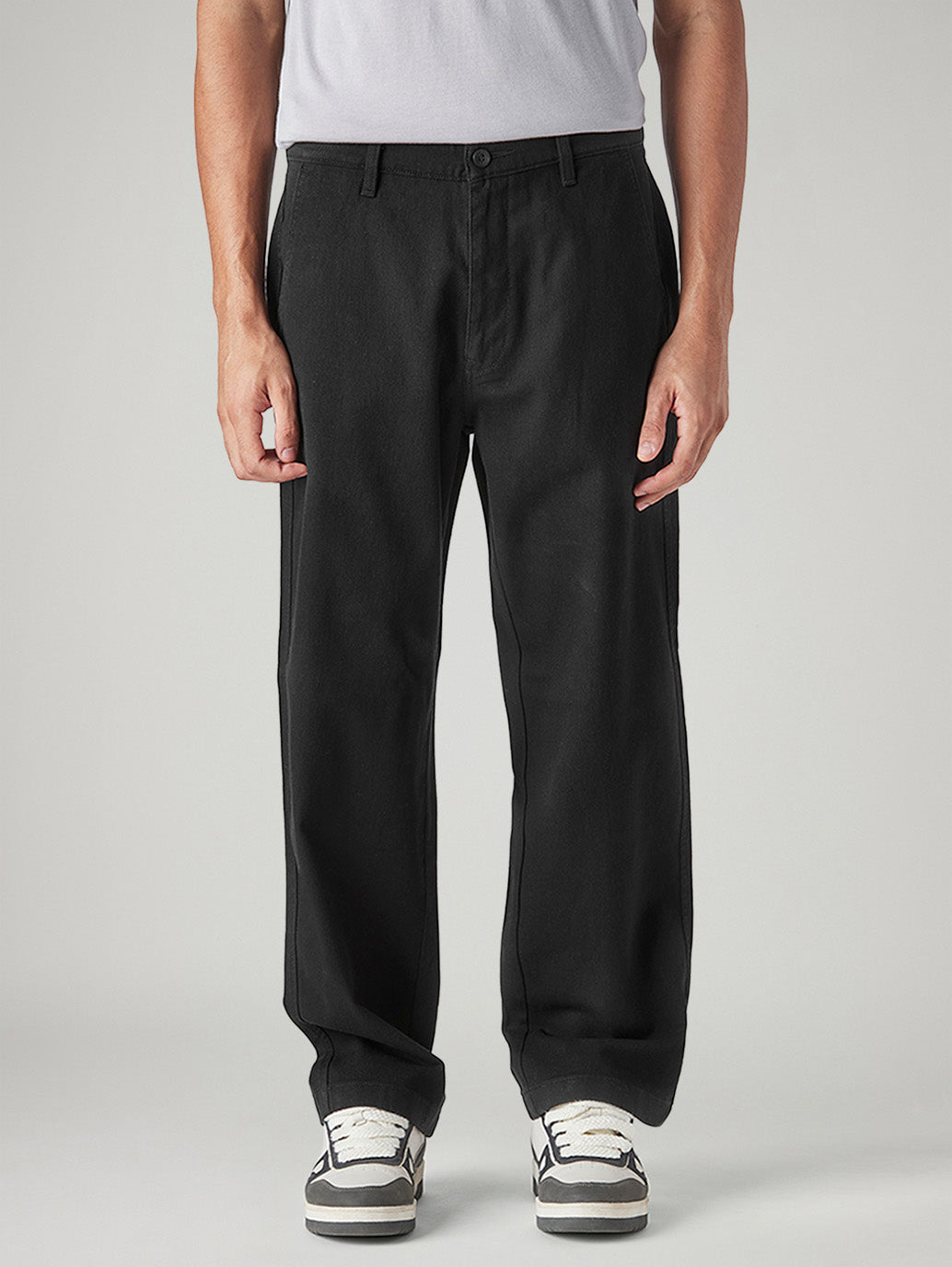 Men's Black Loose Fit Mid Rise Chinos - Front View