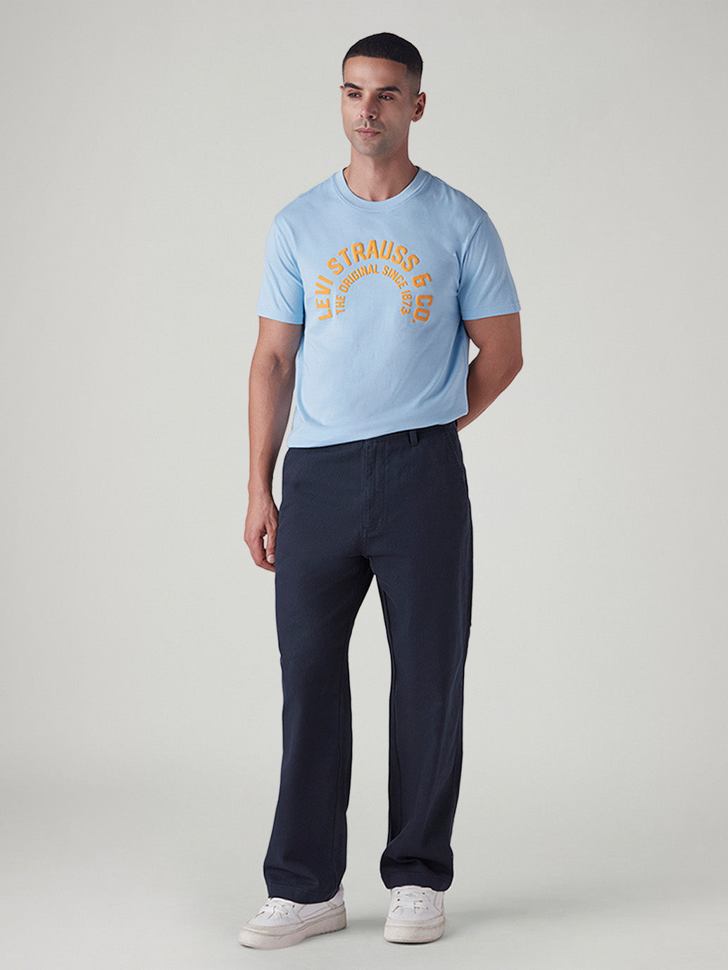 Men's Navy Loose Fit Mid Rise Chinos - Front View