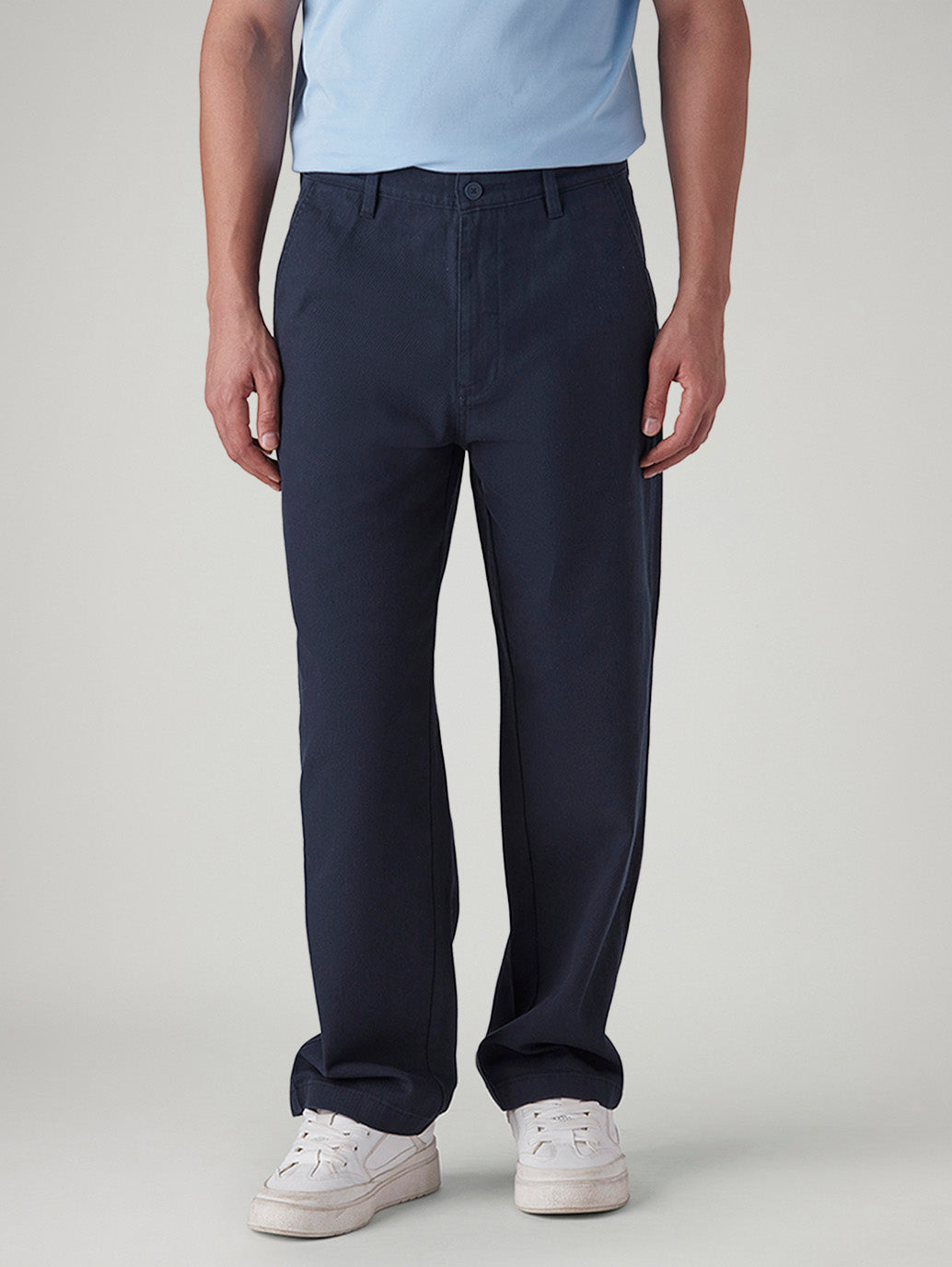 Men's Navy Loose Fit Mid Rise Chinos - Front View