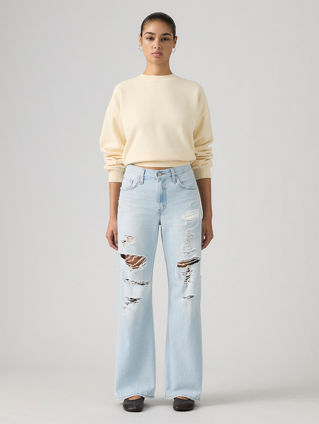 Women's Med Indigo Loose Bootcut Fit Mid Rise Jeans