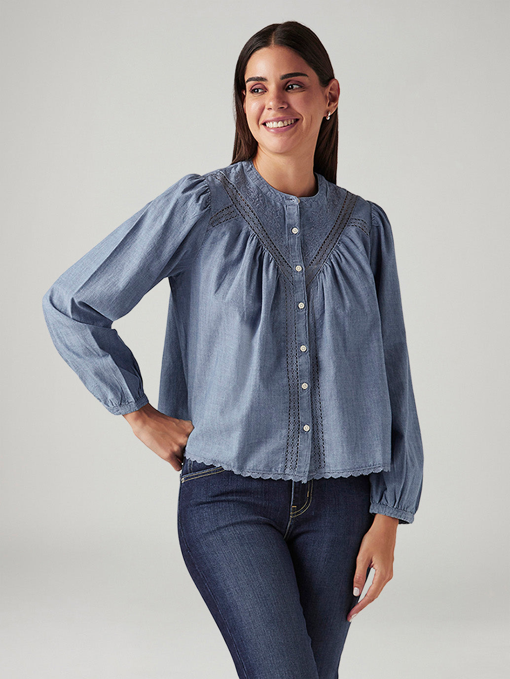 Women's Embroidered Blue Band Neck Top - Styleshot View