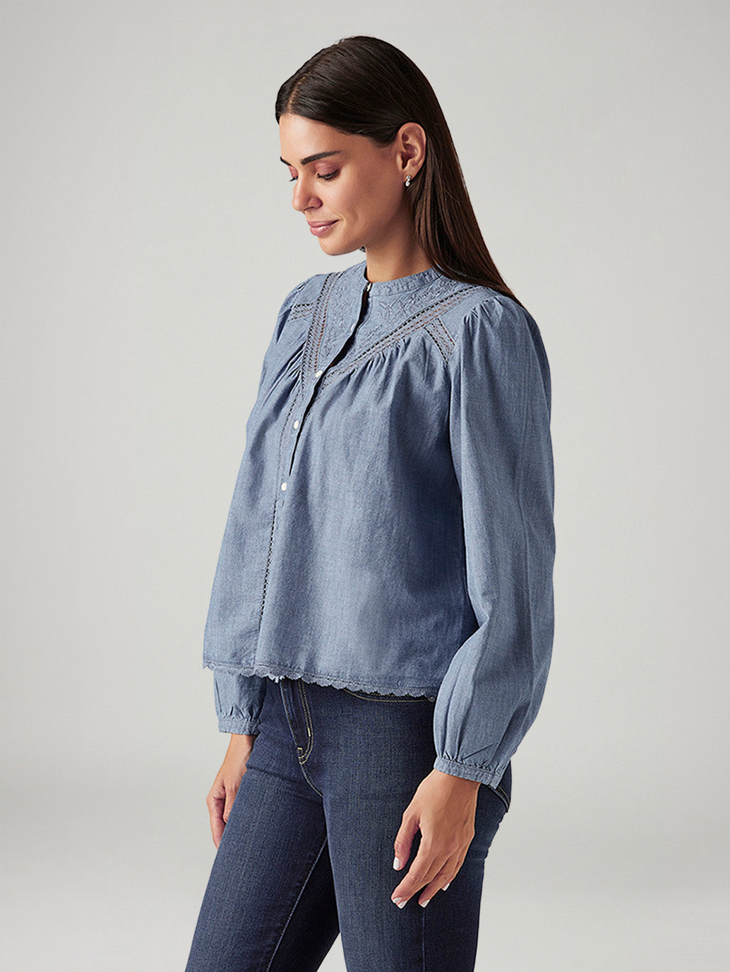 Women's Embroidered Blue Band Neck Top - Side View