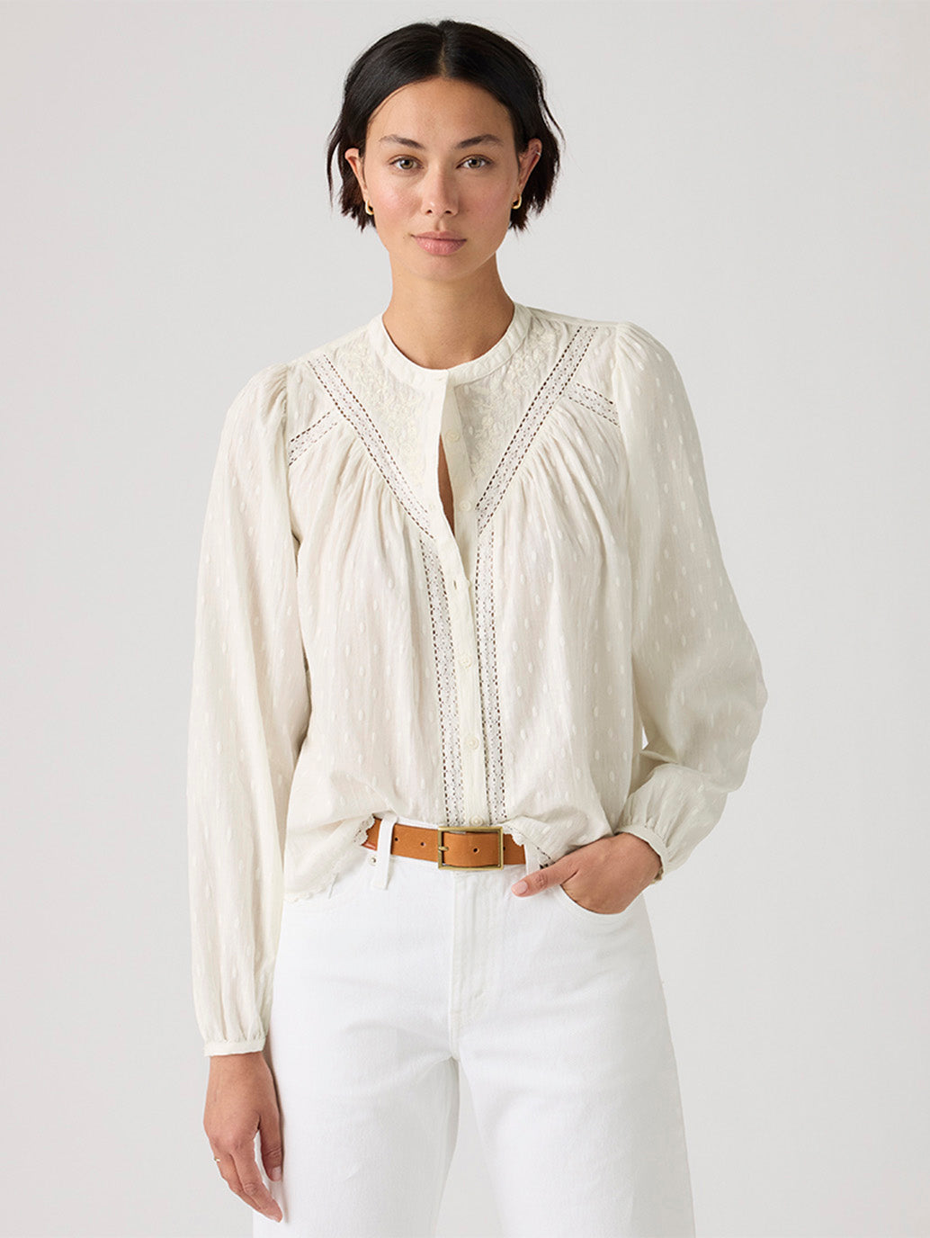 Women's Embroidered Off-White Band Neck Top