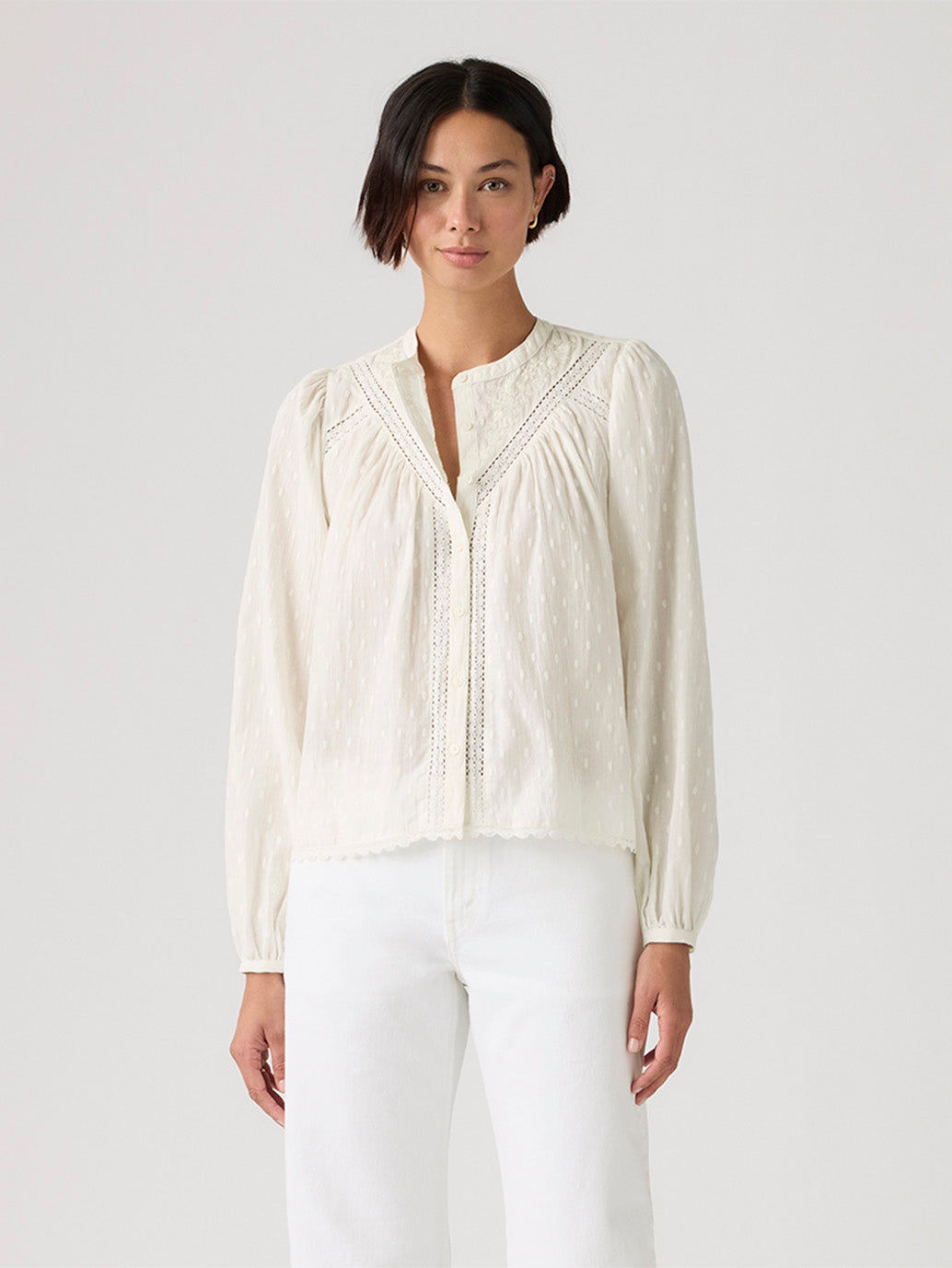 Women's Embroidered Off-White Band Neck Top - Front View
