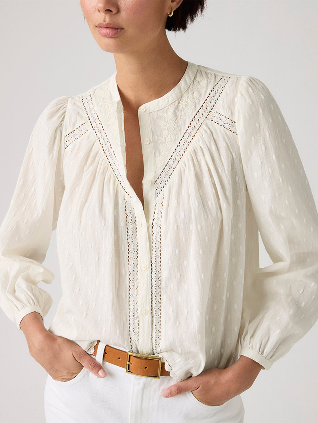 Women's Embroidered Off-White Band Neck Top - Detail View