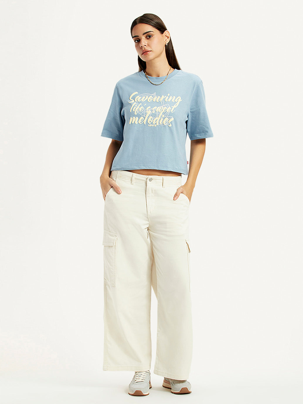 Women's Off White Loose Fit Mid Rise Cargos - Styleshot View