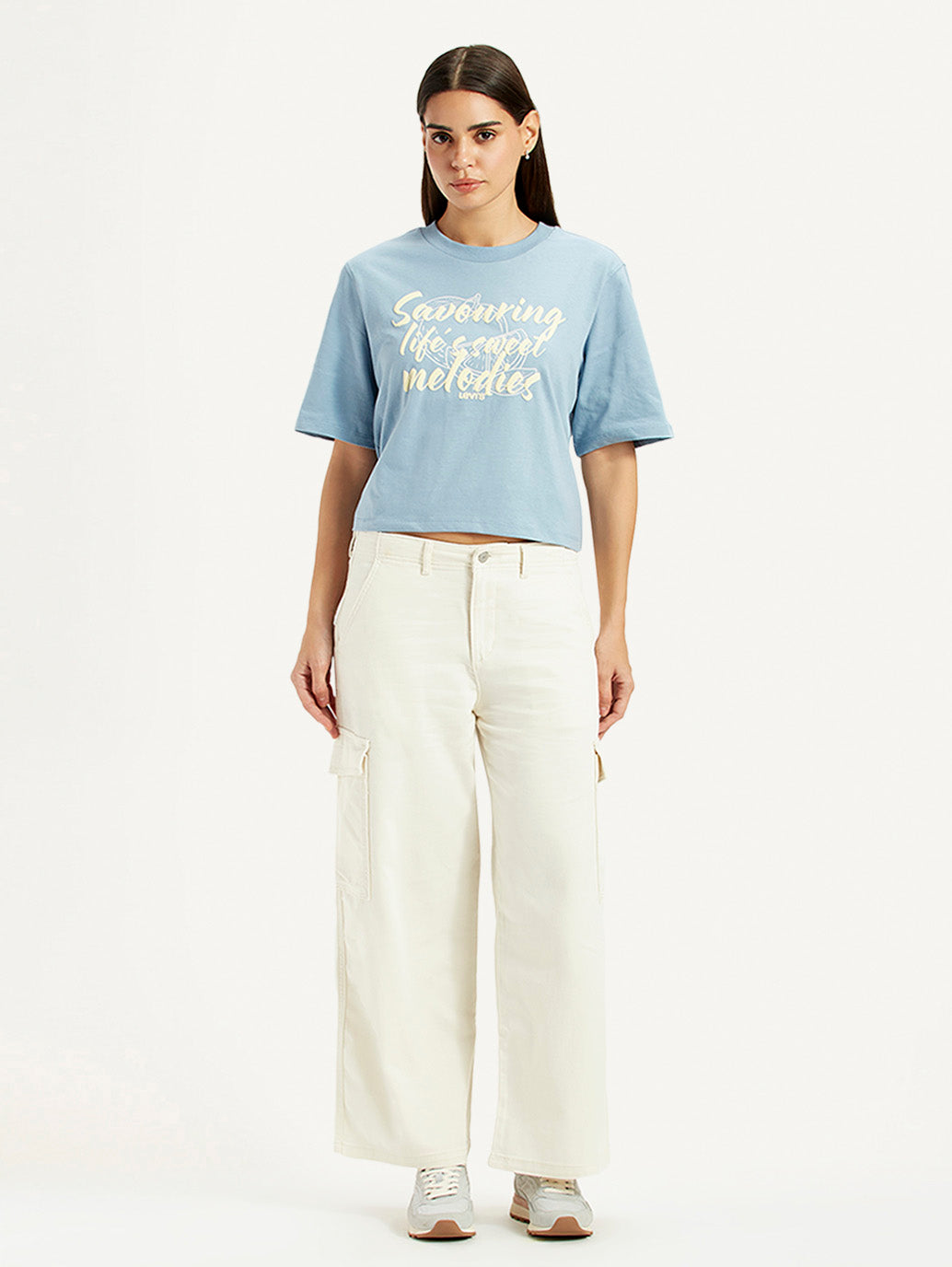 Women's Off White Loose Fit Mid Rise Cargos - Front View