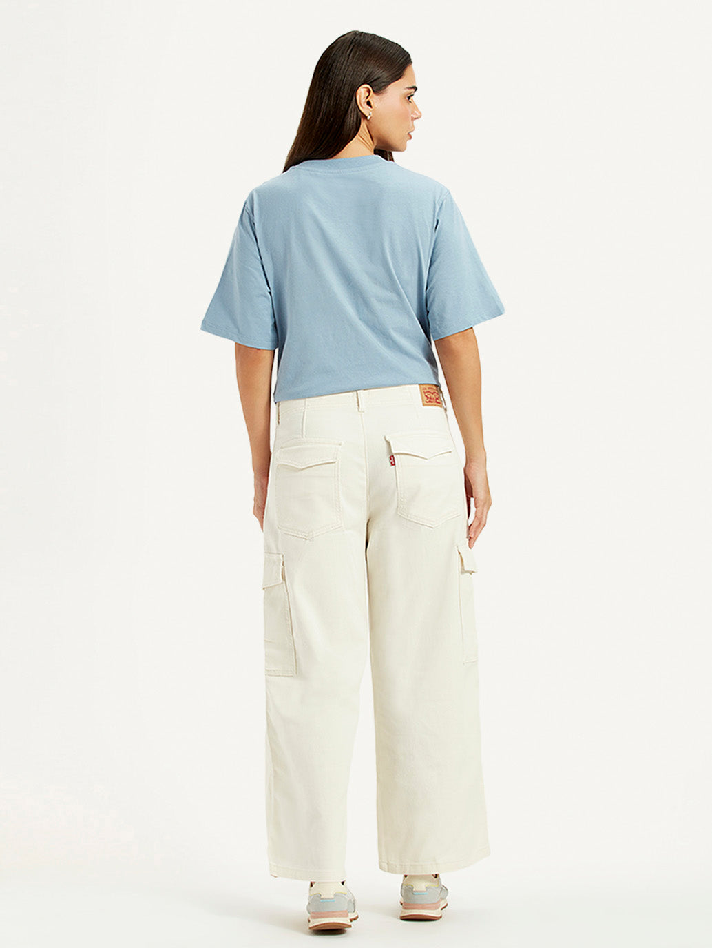 Women's Off White Loose Fit Mid Rise Cargos - Back View