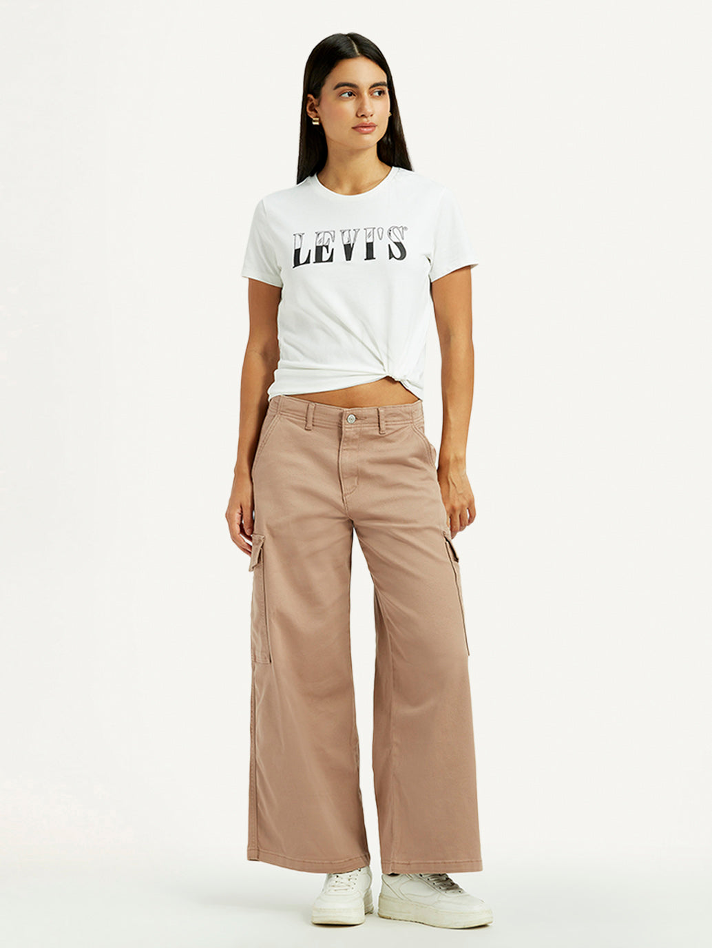 Women's Beige Regular Fit High Rise Cargo Trousers - Styleshot View