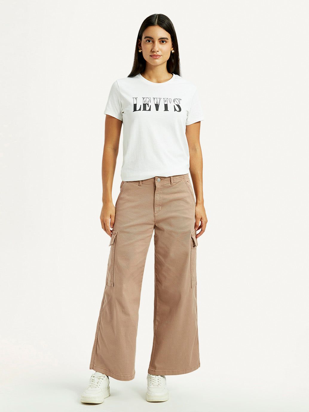Women's Beige Regular Fit High Rise Cargo Trousers - Front View