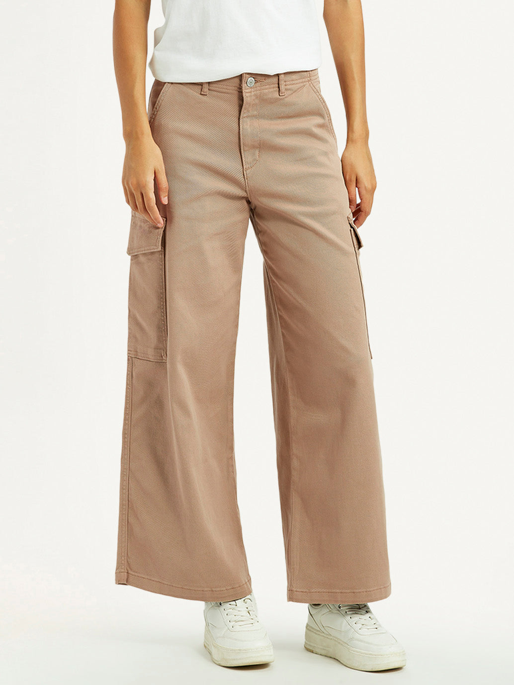 Women's Beige Regular Fit High Rise Cargo Trousers - Front View