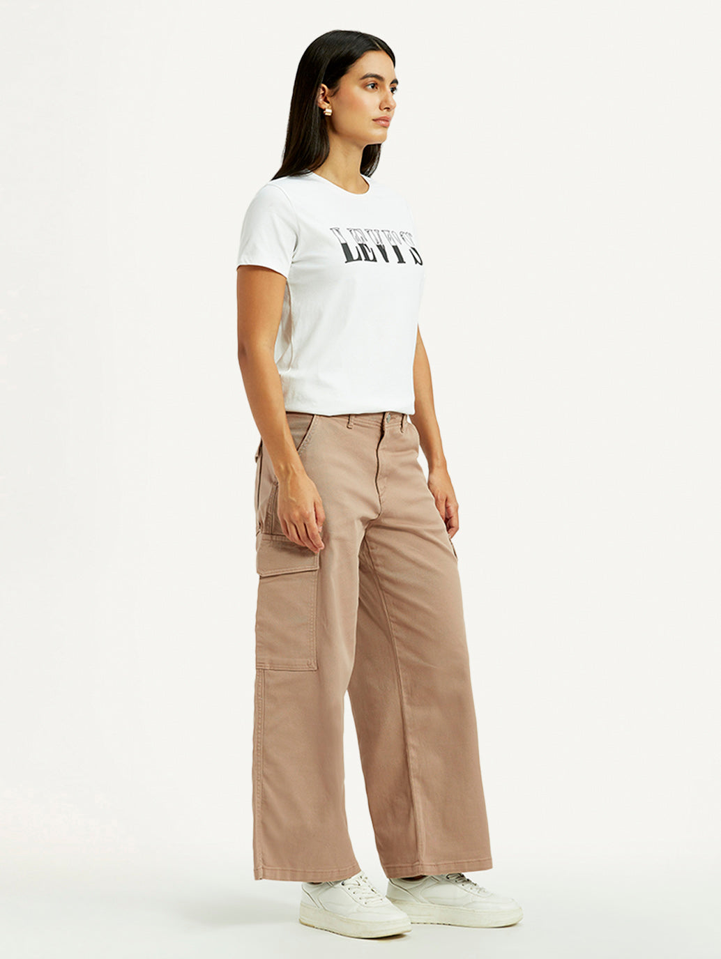 Women's Beige Regular Fit High Rise Cargo Trousers - Side View