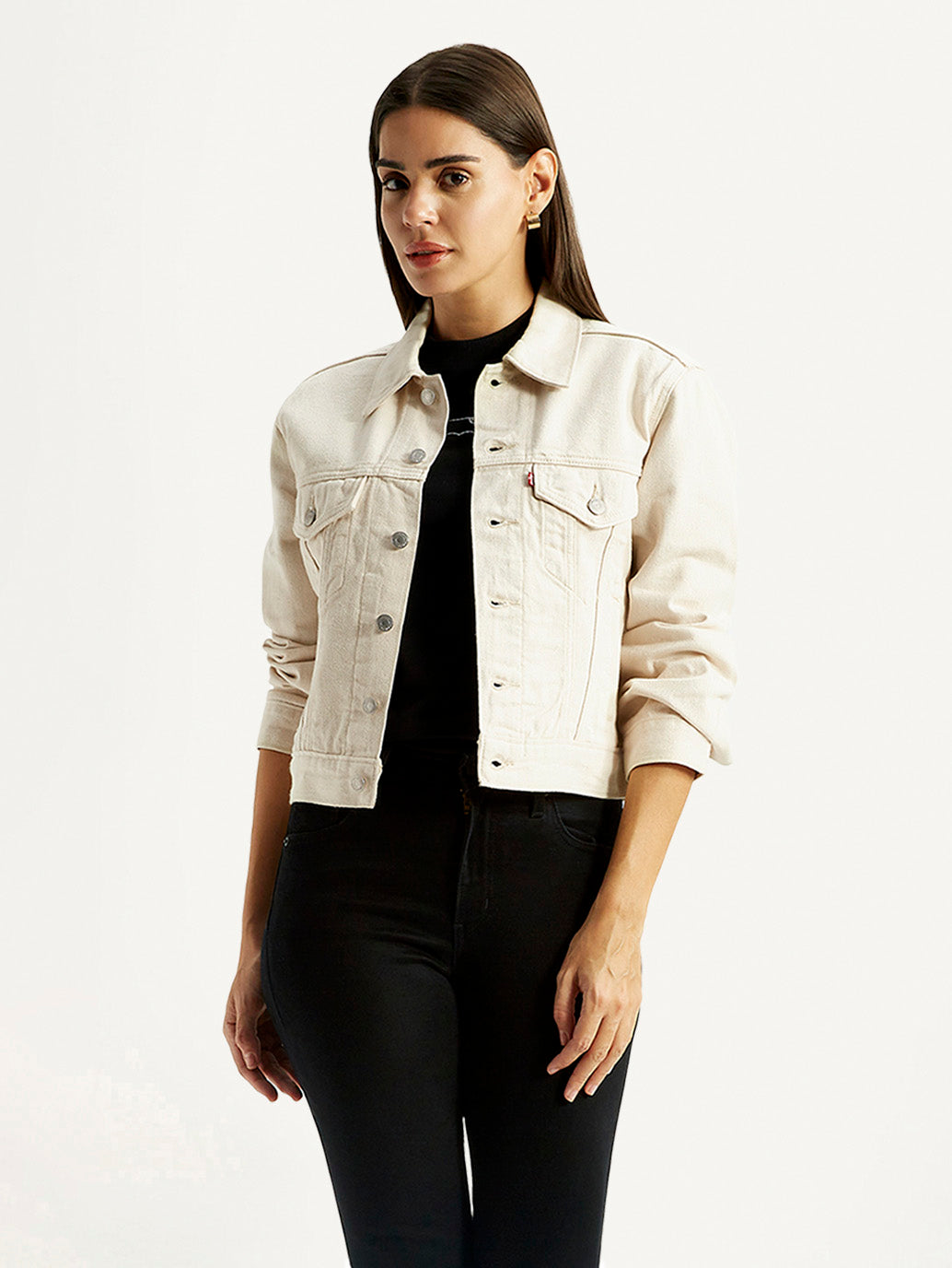 Women's Beige Slim Fit Trucker Jacket - Styleshot View