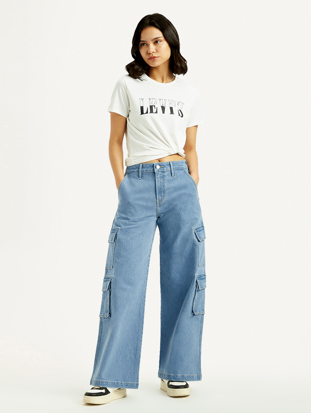 Women's Med Indigo Baggy Fit Mid Rise Cargo Jeans
