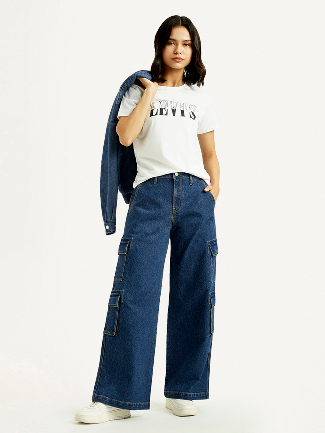 Women's Med Indigo Baggy Fit Mid Rise Cargo Jeans