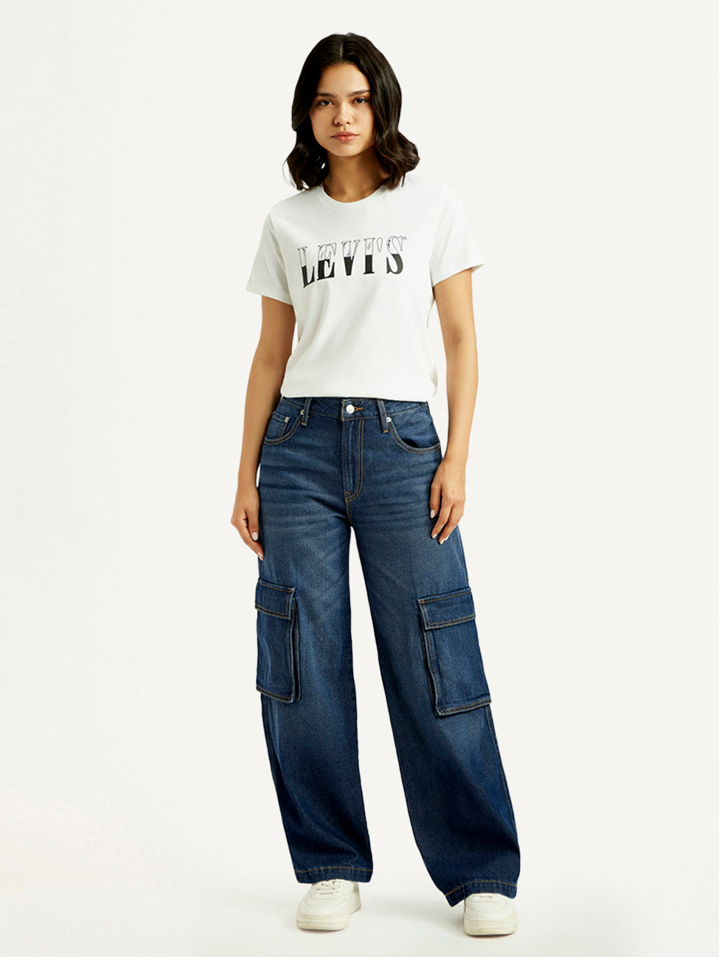 Women's 94 Dark Blue Baggy Fit Mid Rise Jeans - Front View