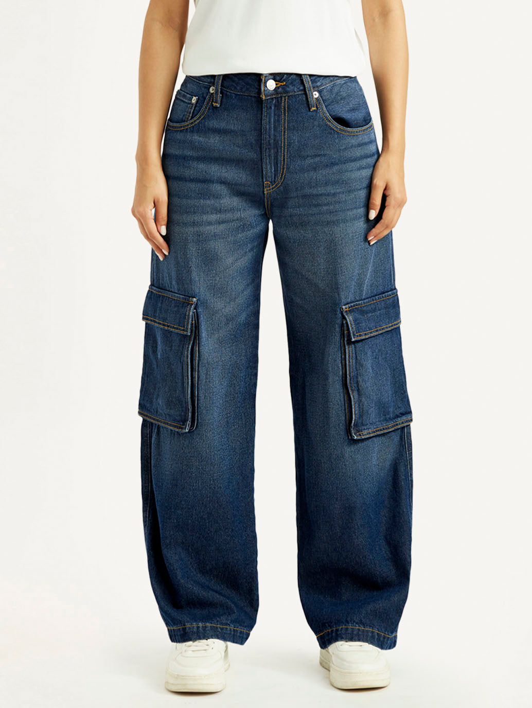 Women's 94 Dark Blue Baggy Fit Mid Rise Jeans - Front View