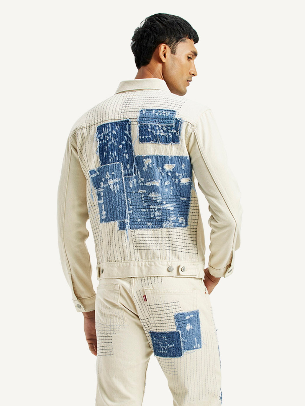 Men's Textured Off White Button Down Collar Jacket - Back View