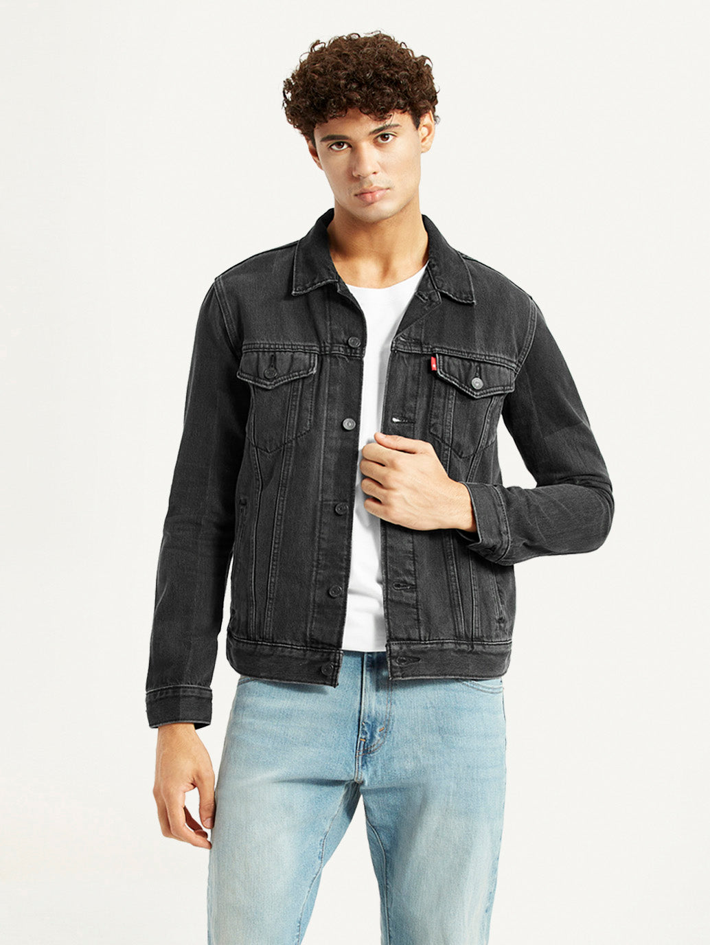 Men's Solid Black Denim Trucker Jacket - Styleshot View