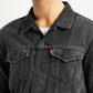 Men's Solid Black Denim Trucker Jacket - Detail View
