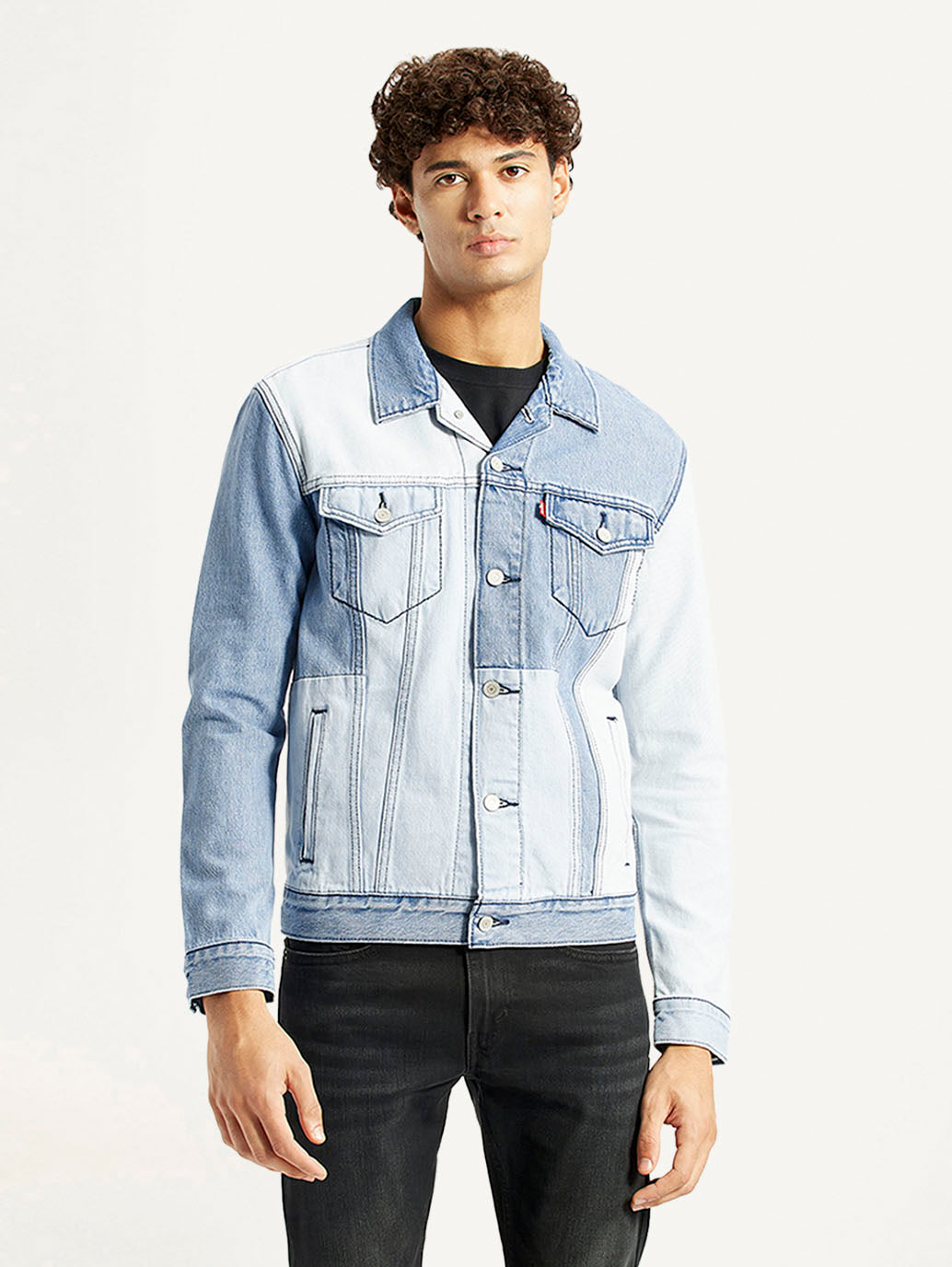 Men's Patchwork Light Blue Denim Trucker Jacket - Front View