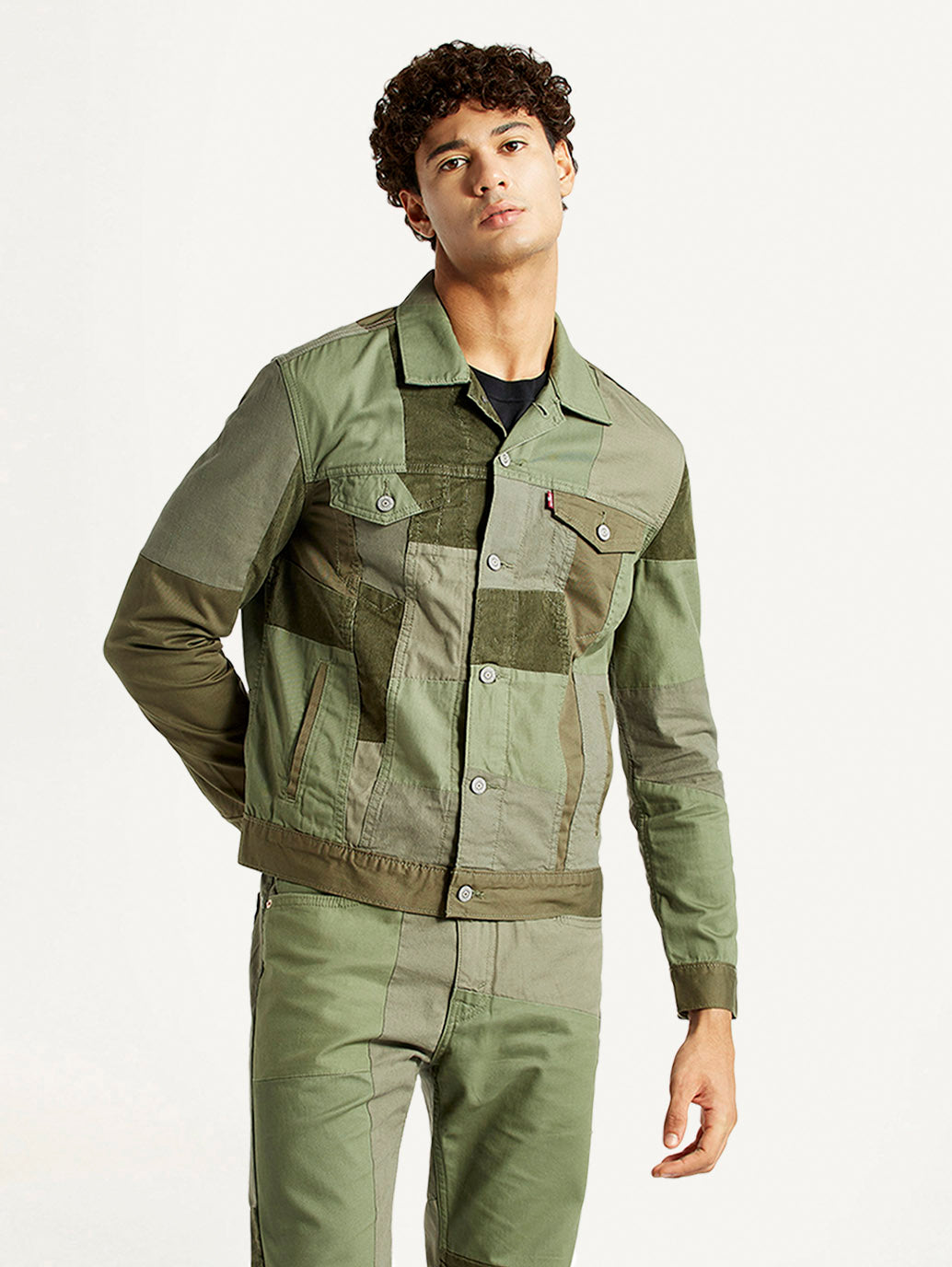 Men's Patchwork Green Trucker Jacket - Front View