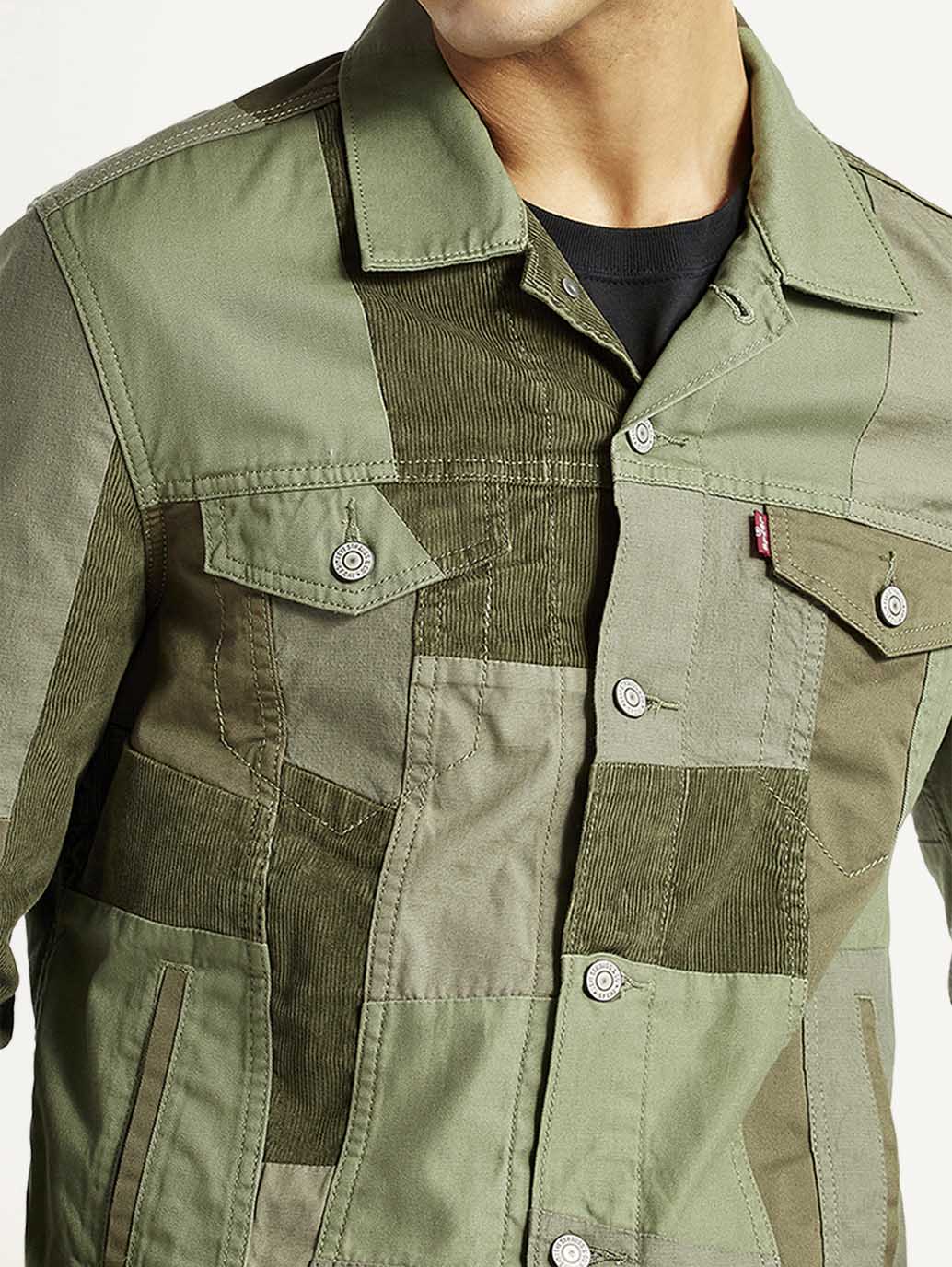 Men's Patchwork Green Trucker Jacket - Detail View