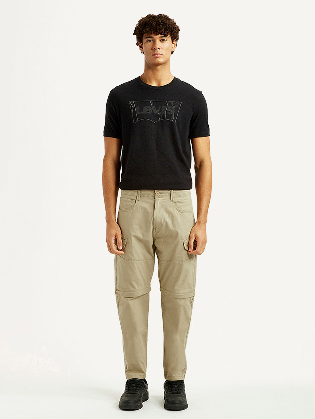 Men's Beige Slim Fit Cargos - Front View