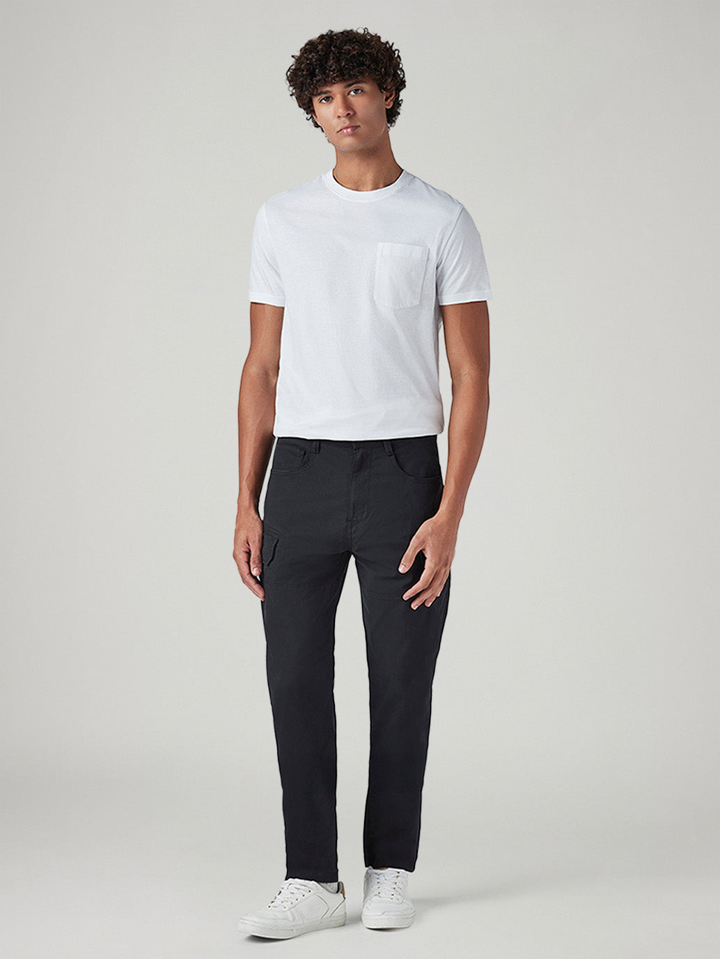 Men's Black Slim Fit Low Boll Zip Off Commuter Cargo Trousers - Front View
