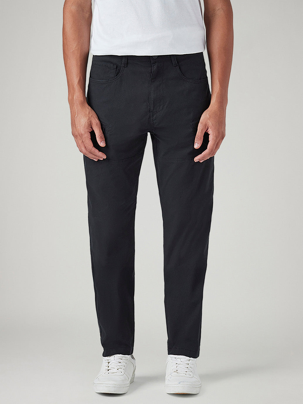 Men's Black Slim Fit Low Boll Zip Off Commuter Cargo Trousers - Front View
