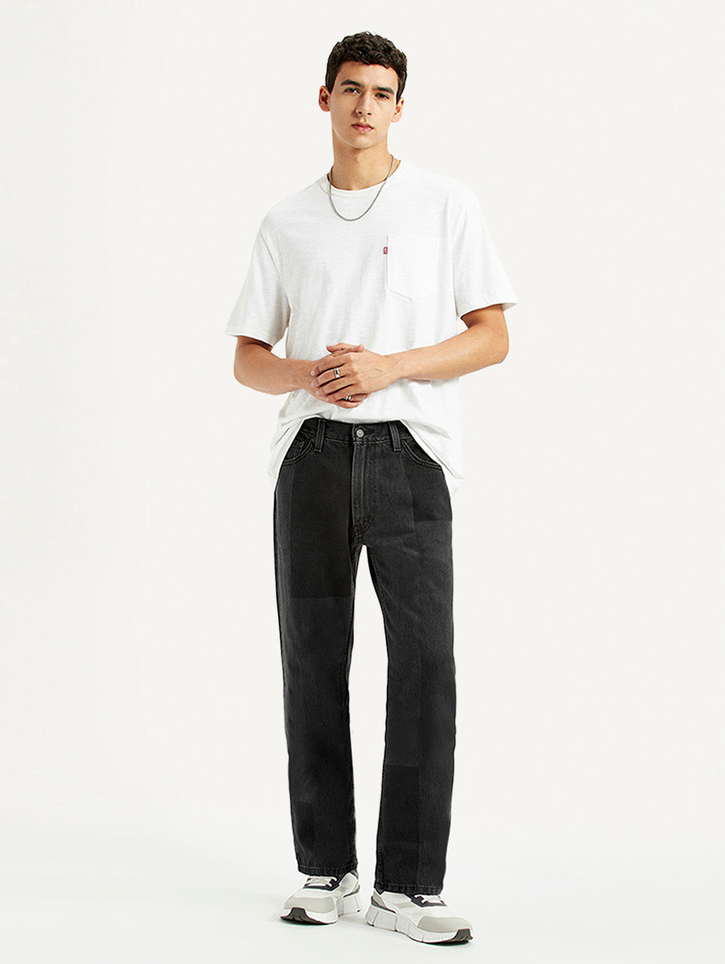 Men's 555 Black Patchwork Relaxed Straight Fit Mid Rise Jeans