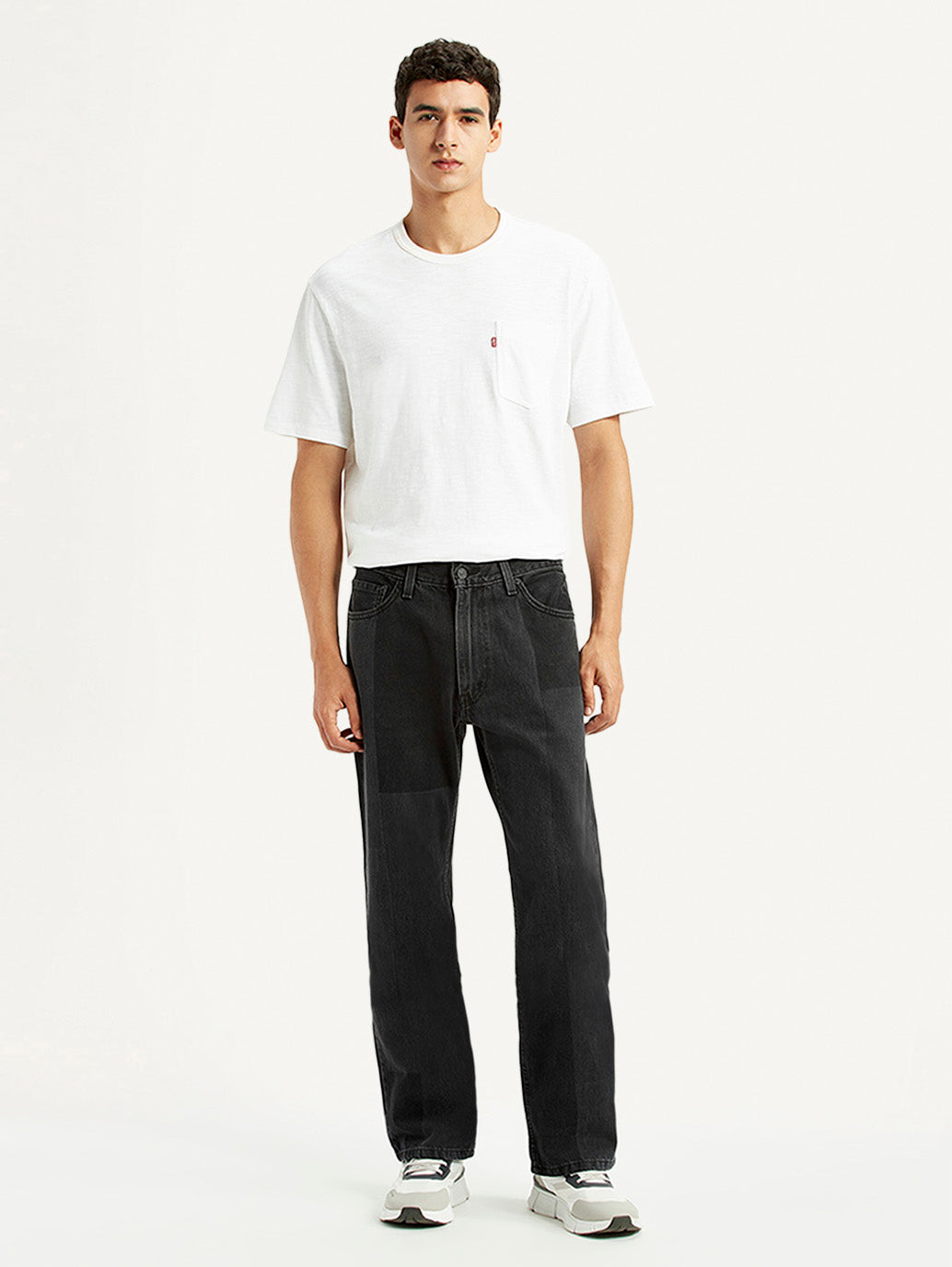 Men's 555 Black Patchwork Relaxed Straight Fit Mid Rise Jeans - Front View