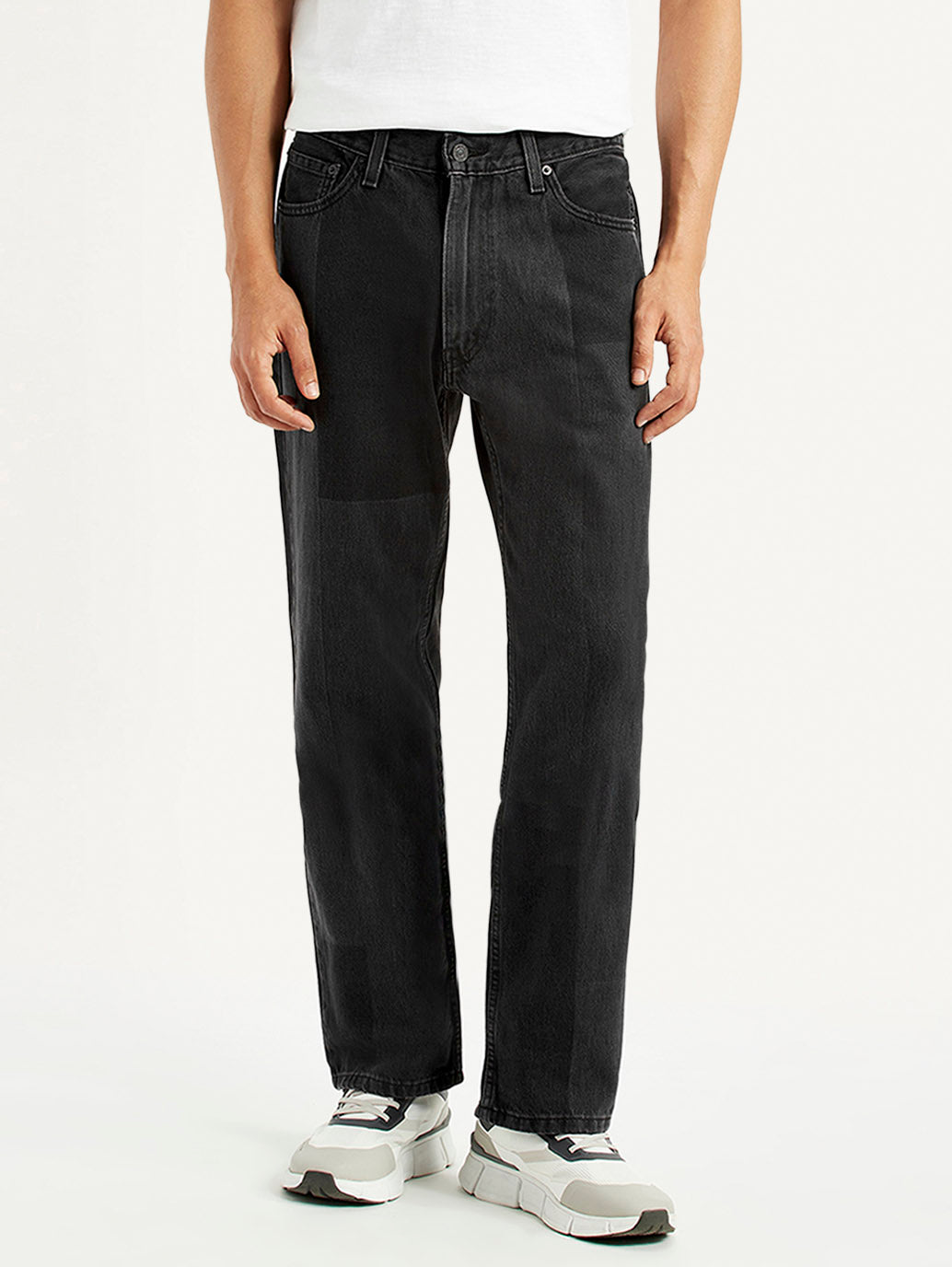 Men's 555 Black Patchwork Relaxed Straight Fit Mid Rise Jeans - Front View