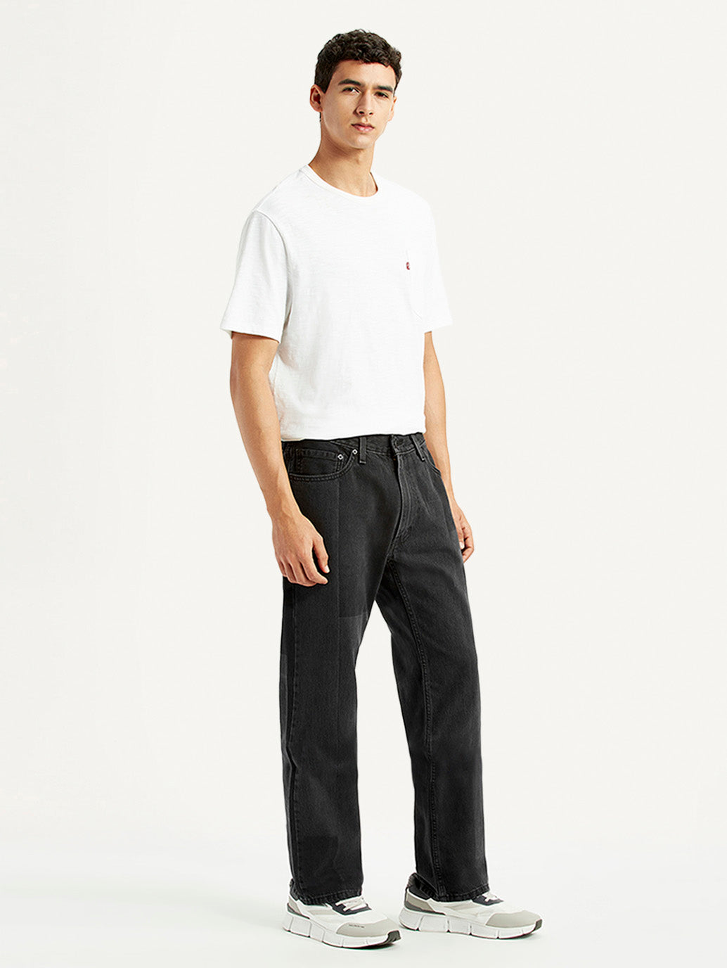 Men's 555 Black Patchwork Relaxed Straight Fit Mid Rise Jeans - Side View