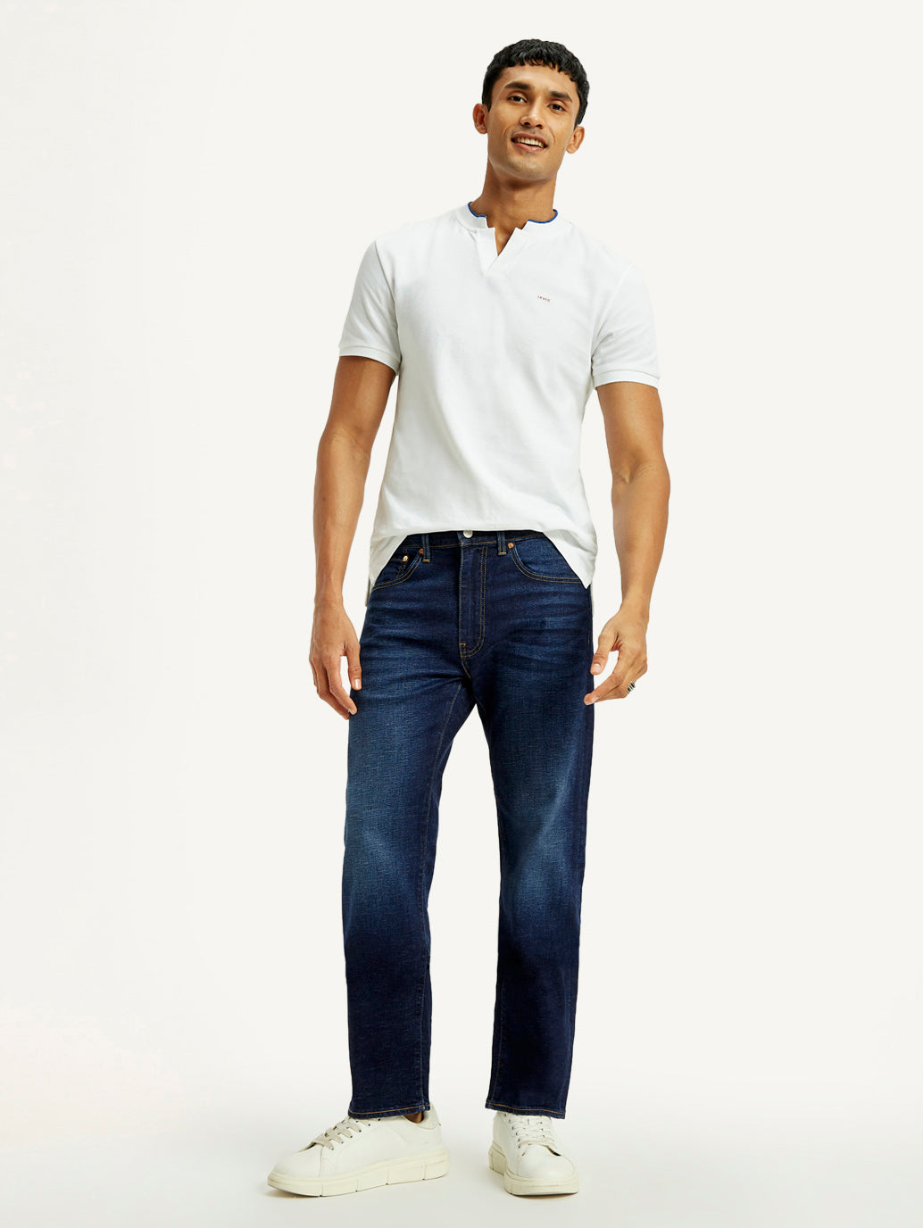 Men's 505 Dark Indigo Straight Fit Mid Rise Jeans - Elevated View