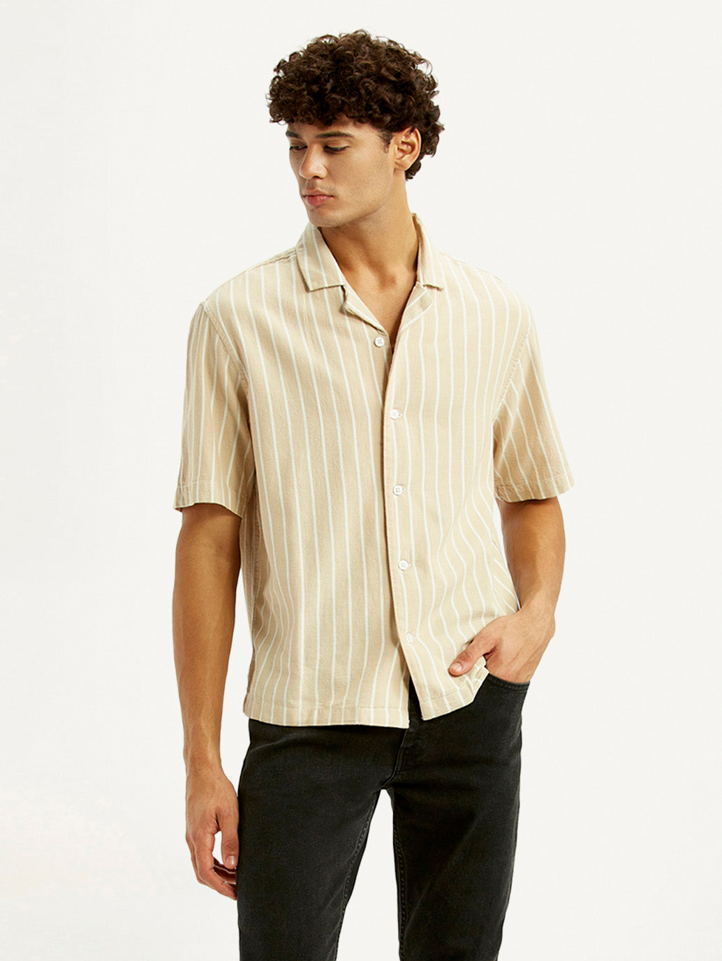 Men's Striped Peach Boxy Fit Camp Shirt - Styleshot View