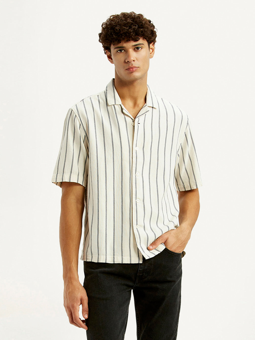 Men's Striped Off White Boxy Fit Camp Shirt