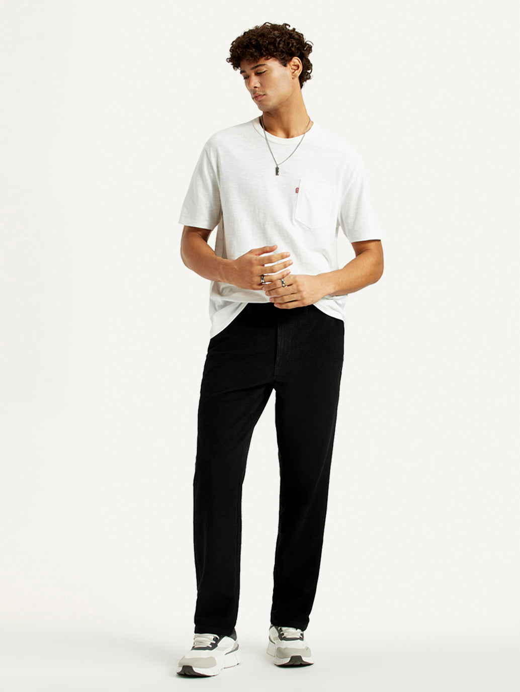 Men's Black Relaxed Straight Fit Mid Rise Corduroy Chinos - Styleshot View