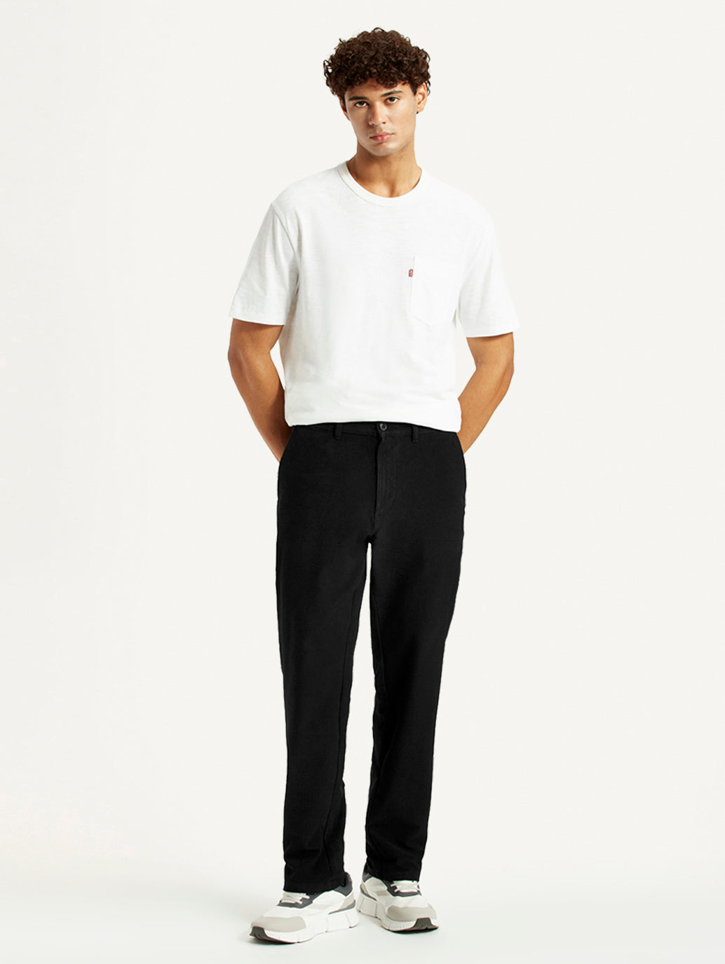 Men's Black Relaxed Straight Fit Mid Rise Corduroy Chinos - Front View